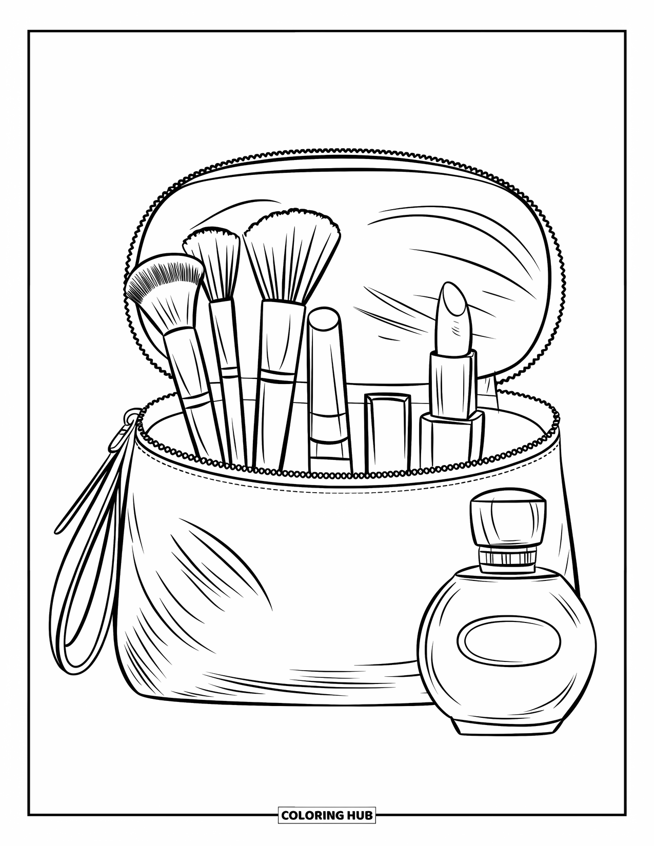 Makeup Coloring Page for Kids: Open beauty pouch with modern makeup tools inside