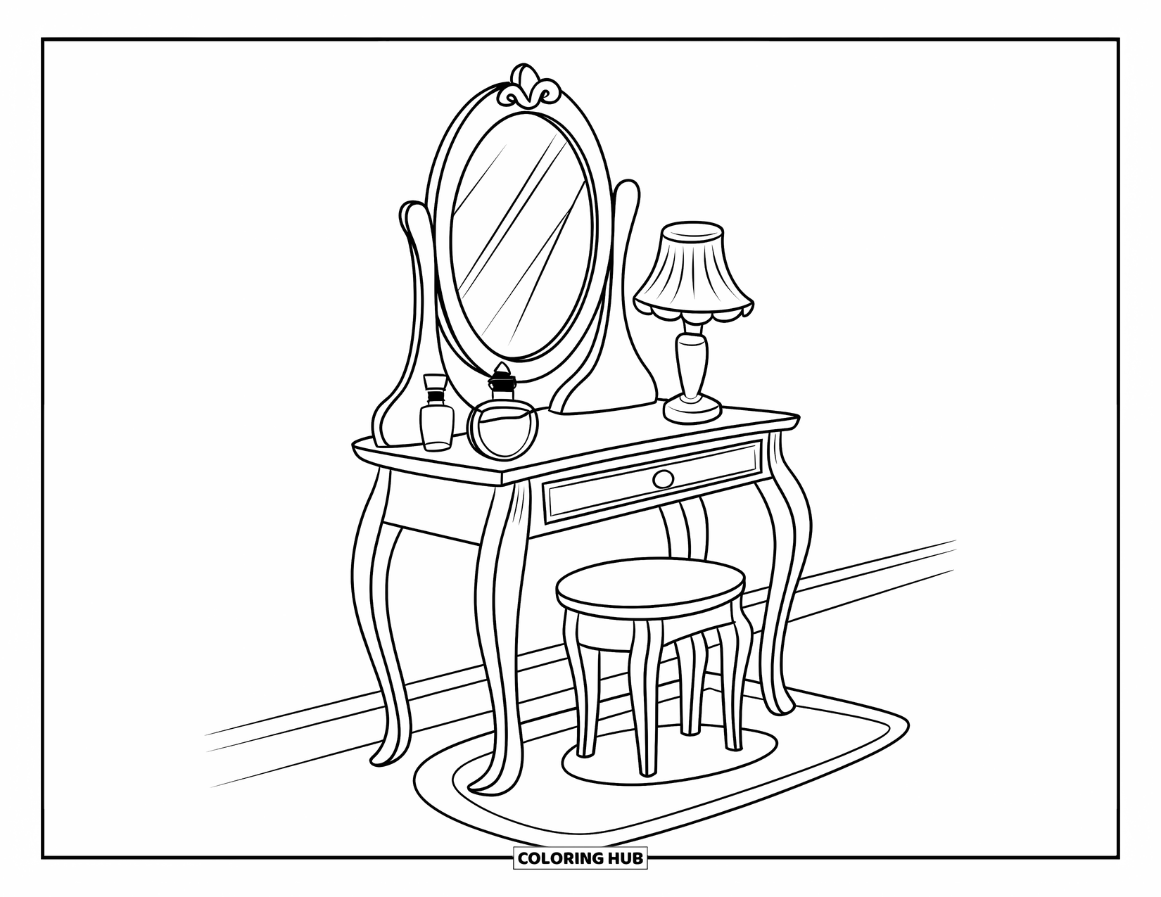 Makeup Coloring Page for Kids: Ornate mirror vanity with lamp and perfume bottles