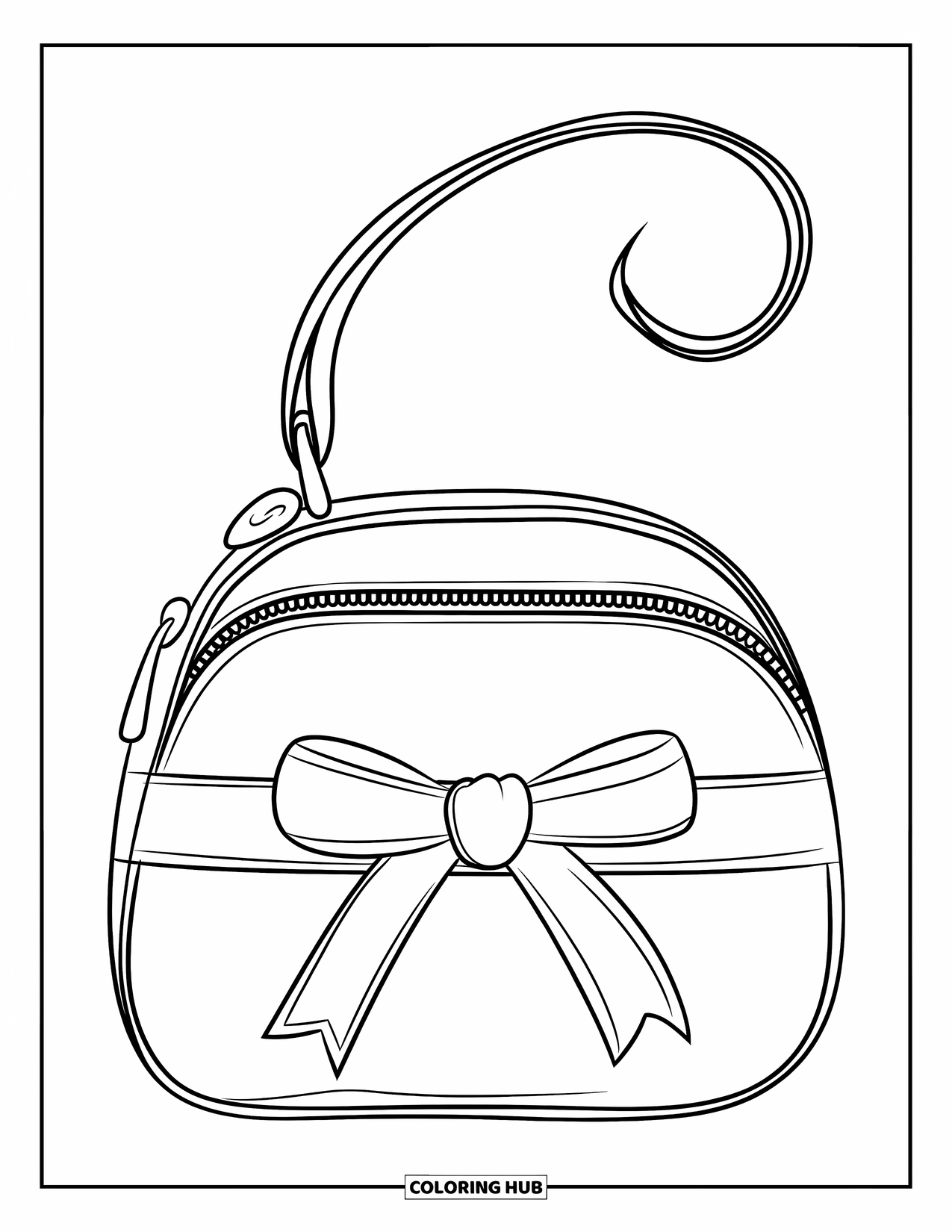 Makeup Coloring Page for Kids: Round makeup bag with a ribbon and handle