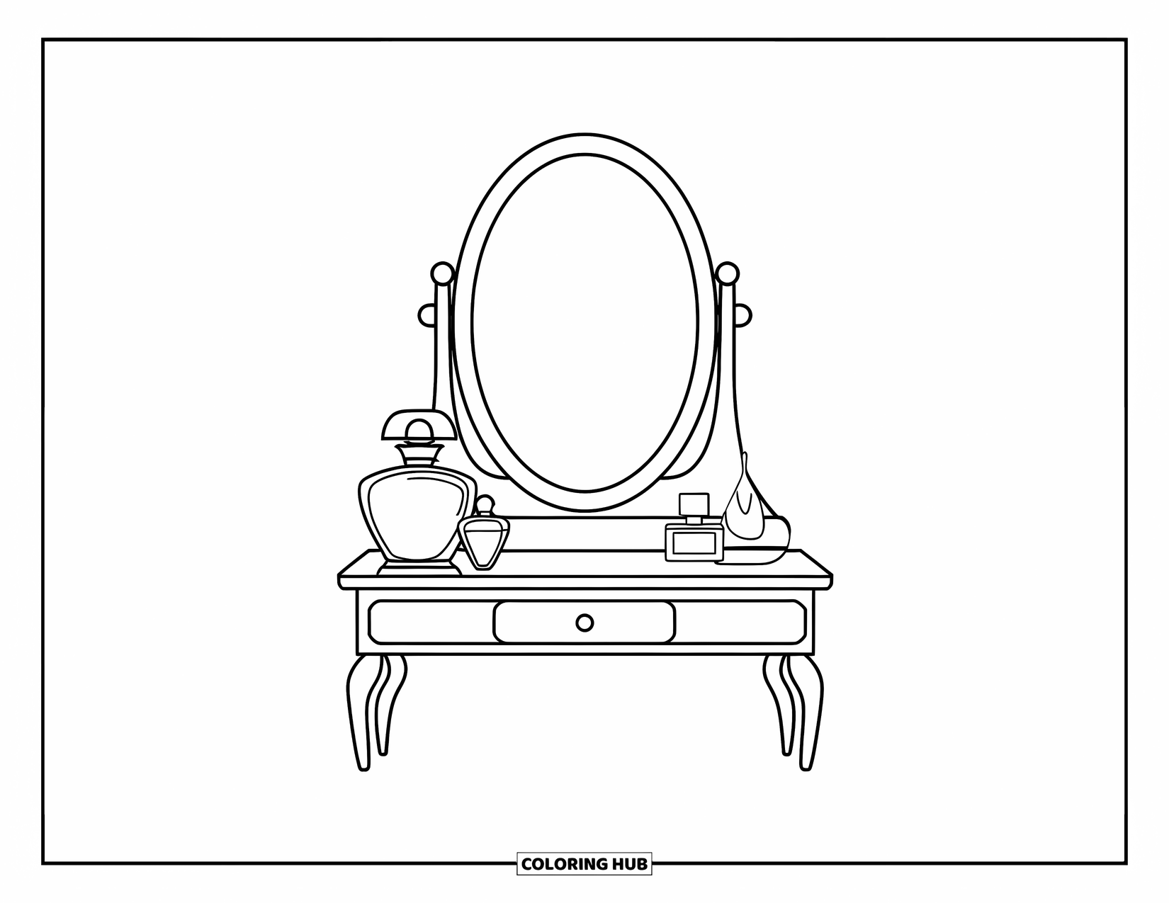Makeup Coloring Page for Kids: Simple vanity with mirror and a few perfumes