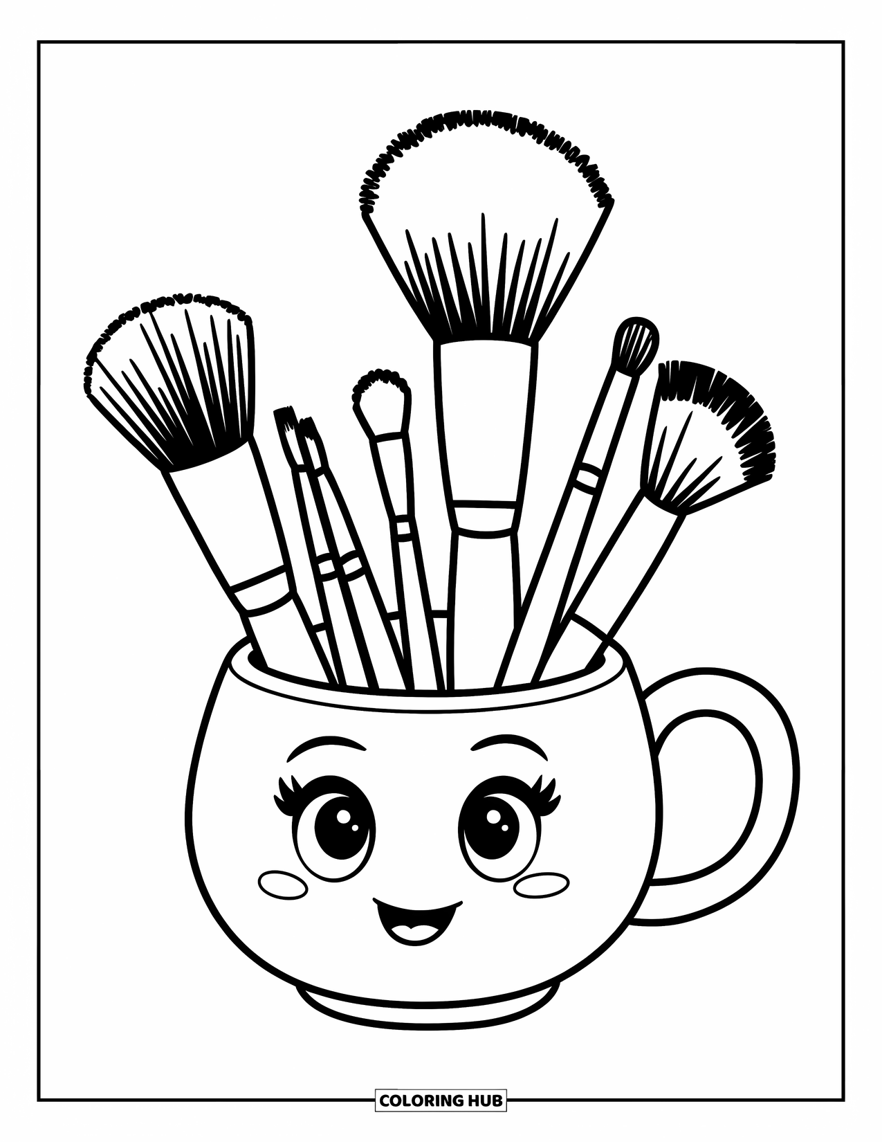 Makeup Coloring Page for Kids: Smiling cup holding cute, varied makeup brushes
