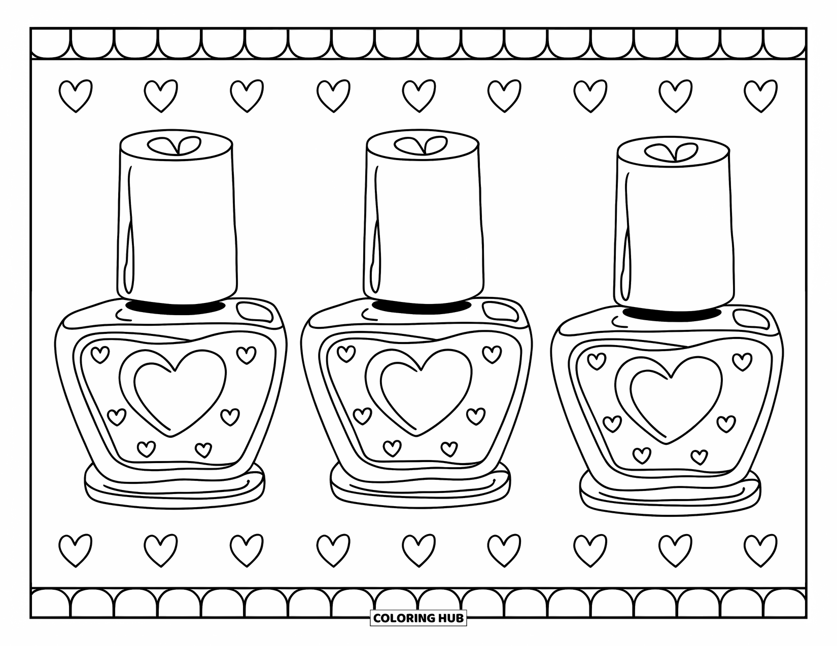 Makeup Coloring Page for Kids: Three chunky nail polish bottles with tiny heart labels