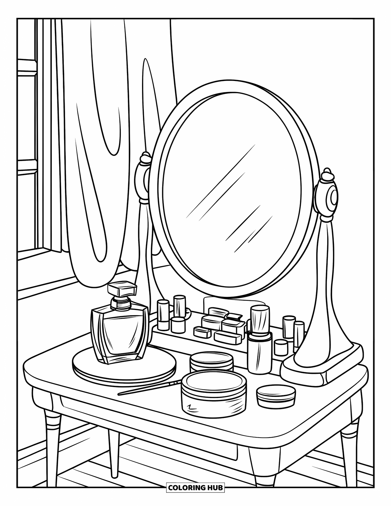 Makeup Coloring Page for Kids: Vanity with lamp, mirror, and wooden floor details