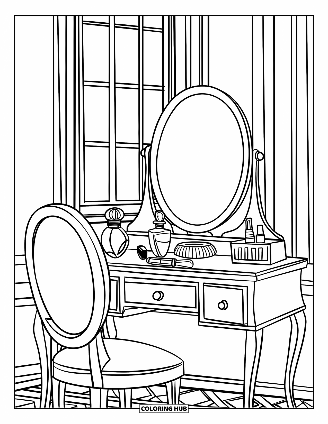 Makeup Coloring Page for Kids: Vanity with round mirror, perfume, and jars by a window