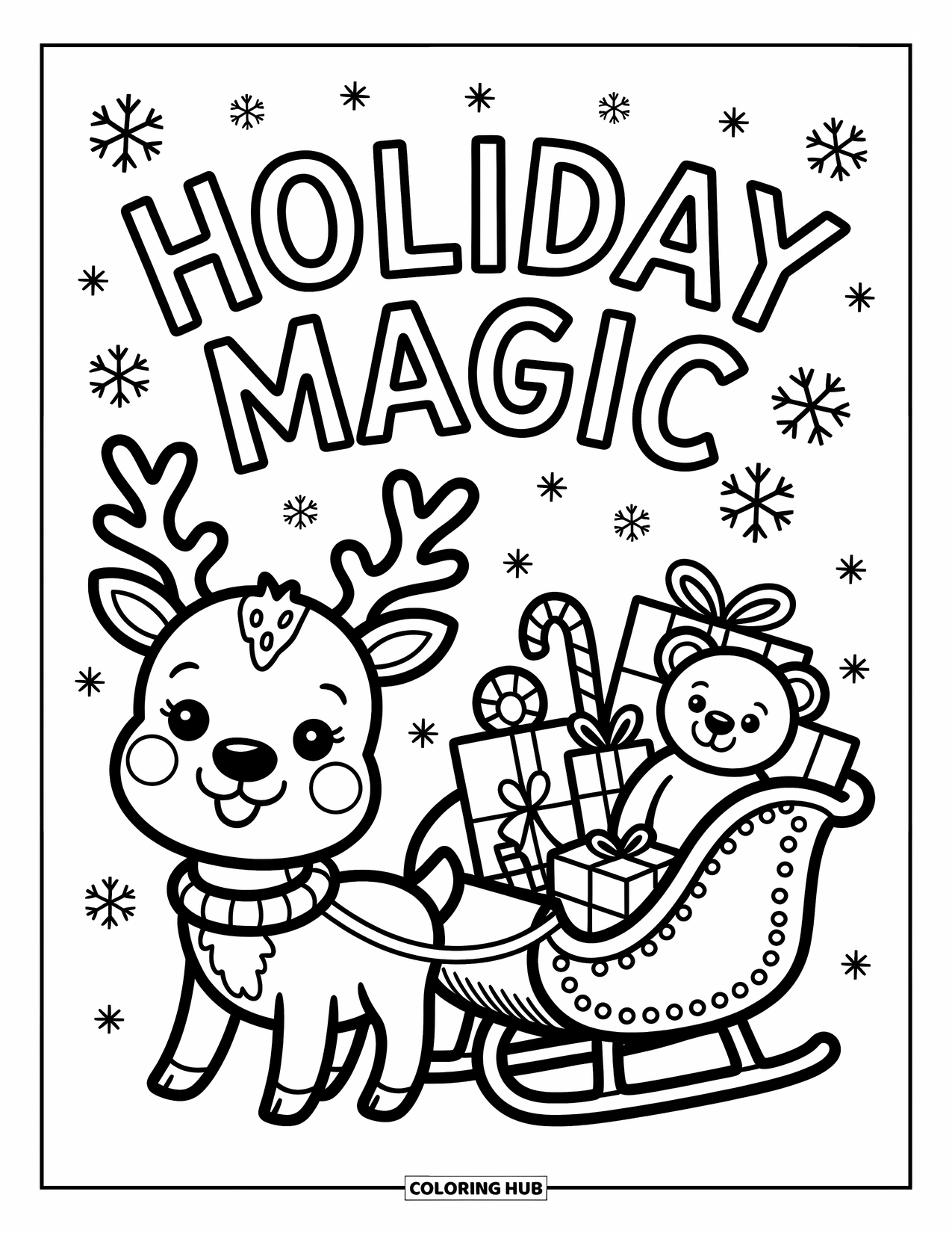 Merry Christmas Coloring Page for Adults: A cheerful reindeer pulls a gift-filled sleigh under "Holiday Magic"