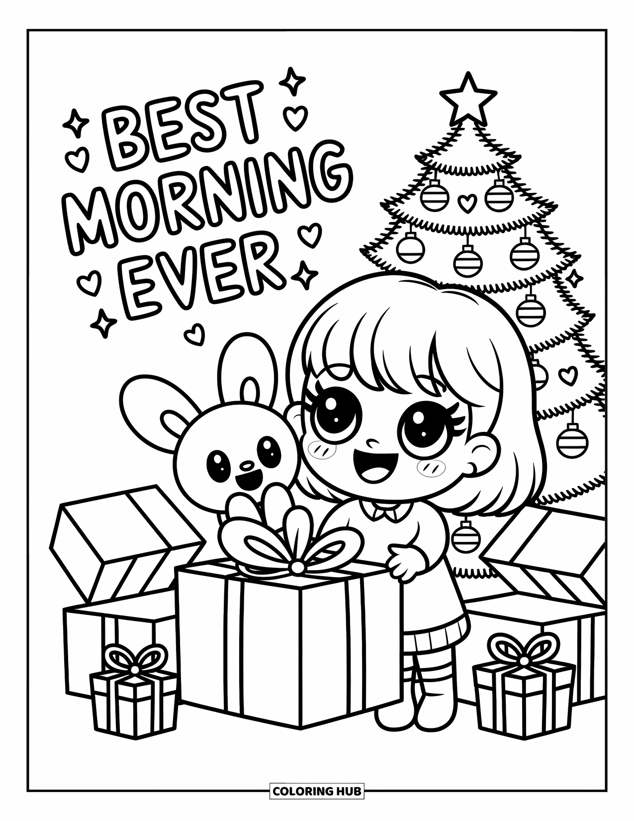 Merry Christmas Coloring Page for Adults: A chibi girl unwraps a toy under a tree with "Best Morning Ever"