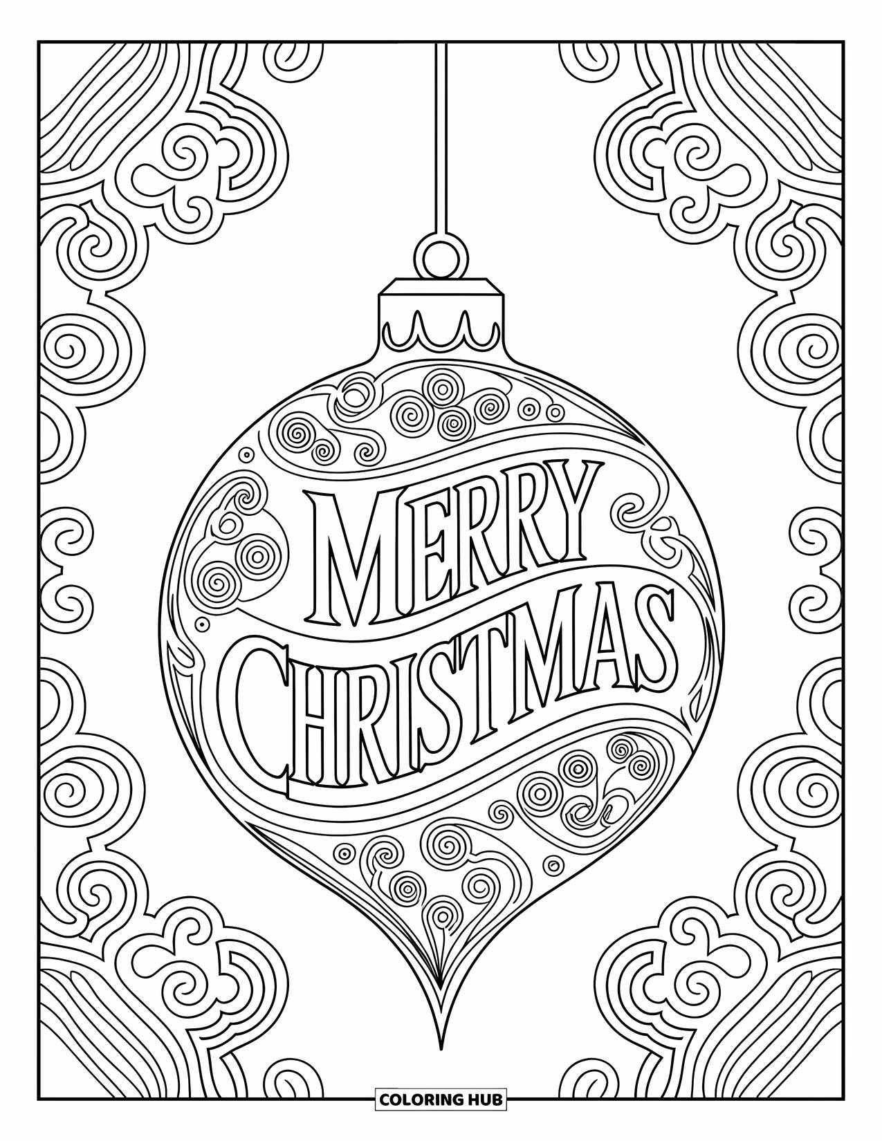 Merry Christmas Coloring Page for Adults: A hanging ornament with florals sparkles under the curved phrase "Merry Christmas"