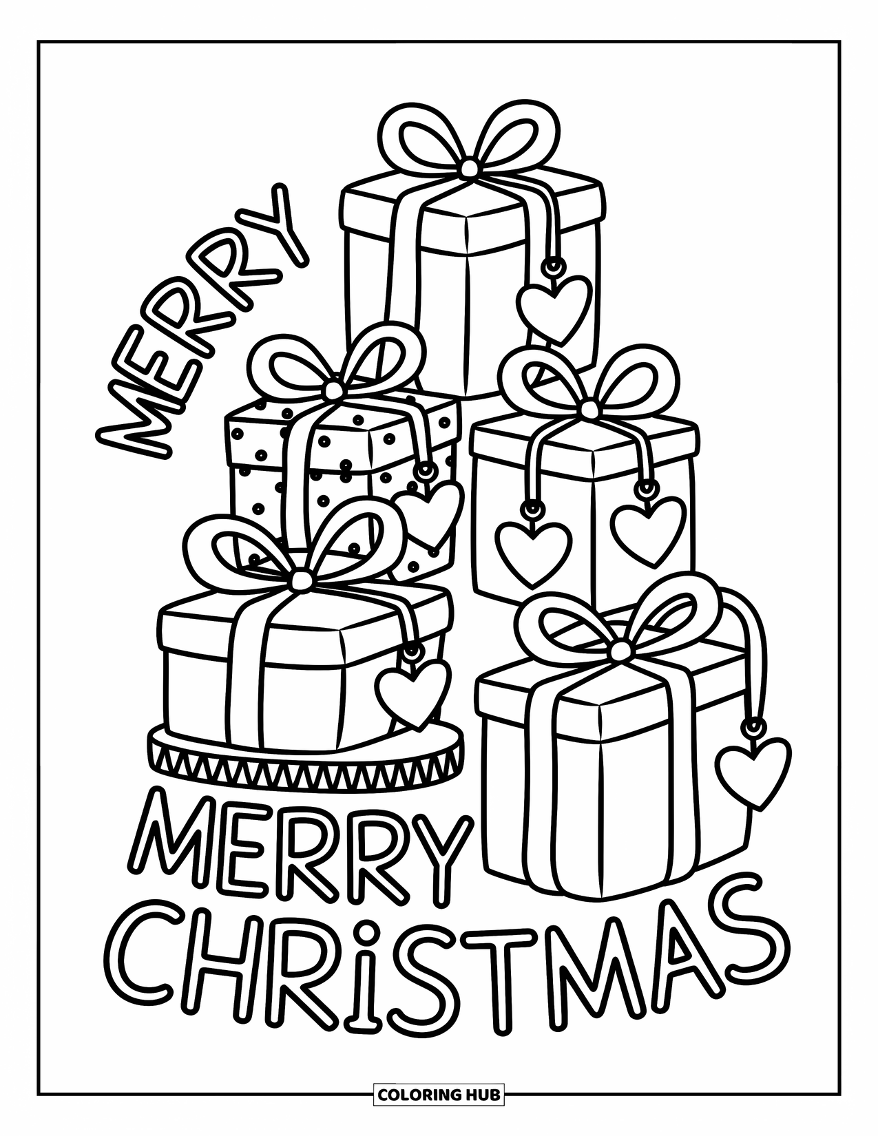 Merry Christmas Coloring Page for Adults: A playful stack of gifts stands beside the words "Merry Christmas"