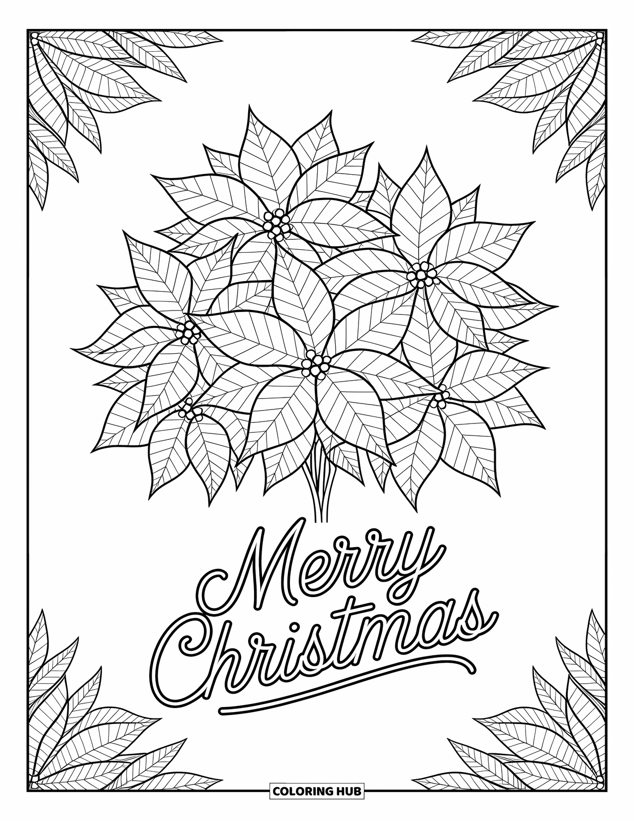 Merry Christmas Coloring Page for Adults: A poinsettia bouquet forms a floral mandala around "Merry Christmas"