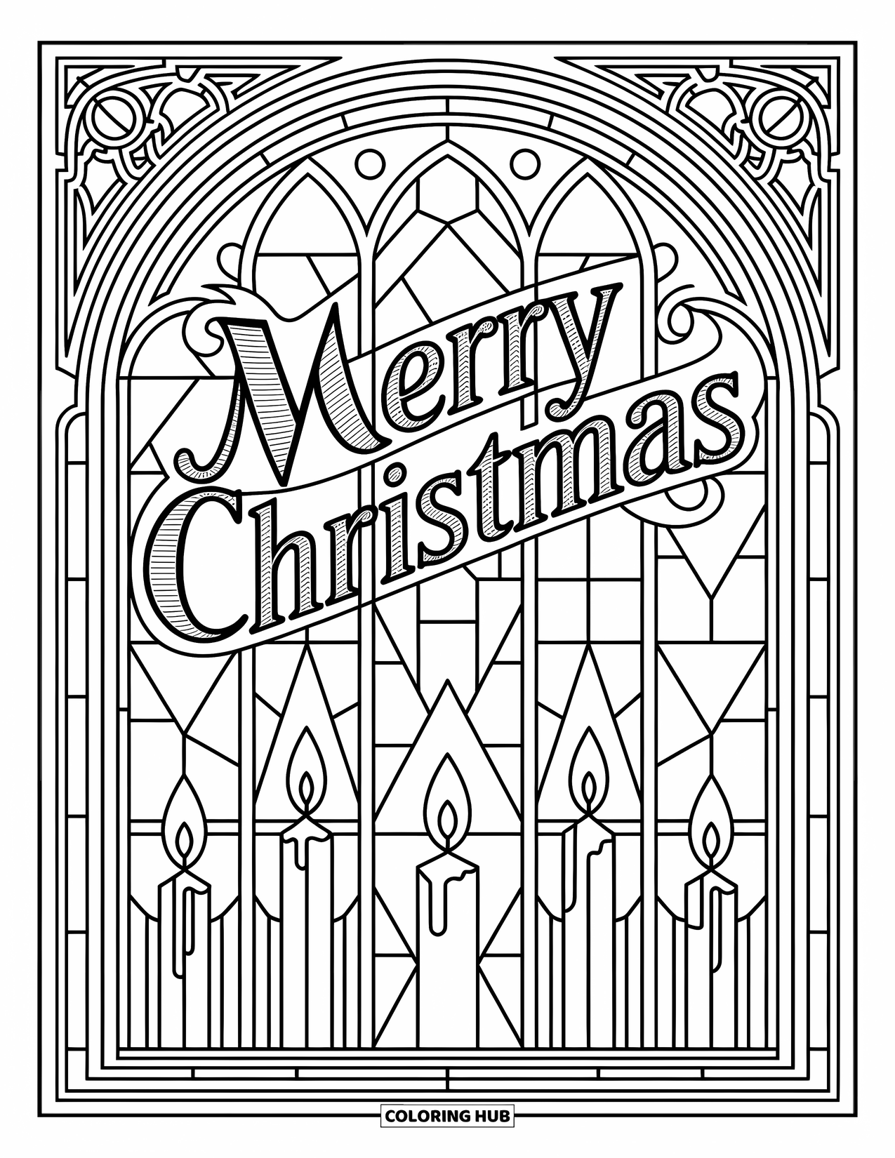 Merry Christmas Coloring Page for Adults: A stained-glass church window glows with candles and "Merry Christmas"