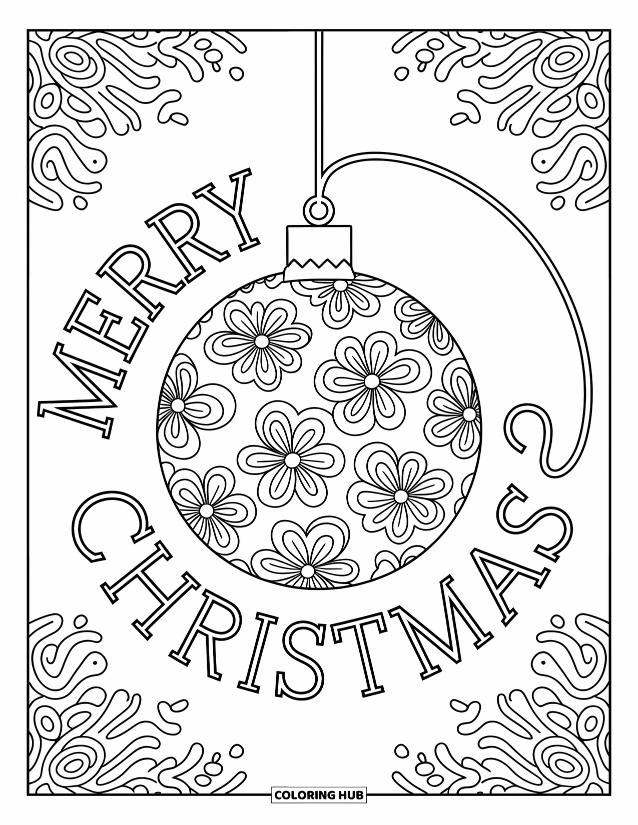 Merry Christmas Coloring Page for Adults: An intricate ornament glows at center with "Merry Christmas" curving above