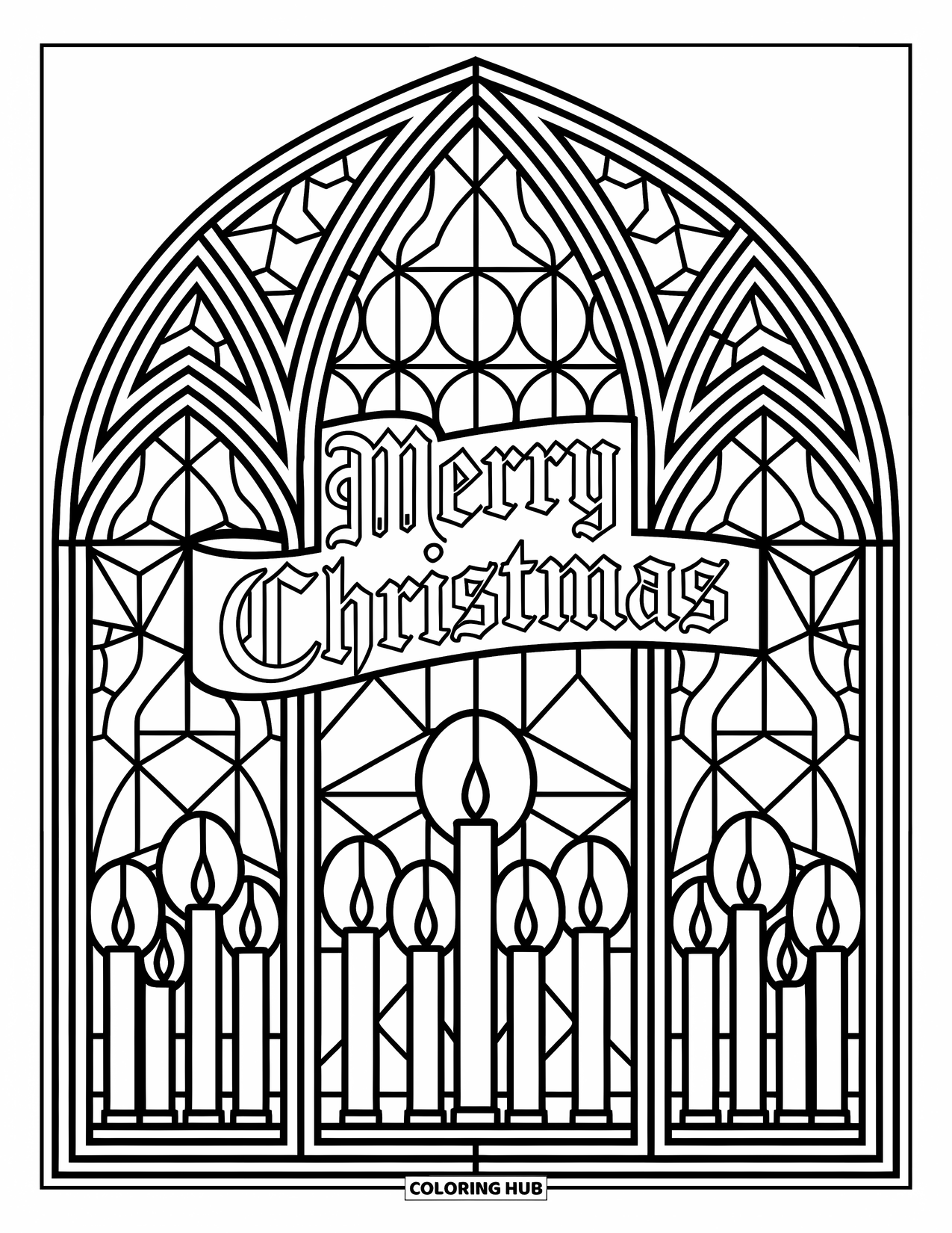 Merry Christmas Coloring Page for Adults: Candles and a church shine in a stained-glass design under "Merry Christmas"