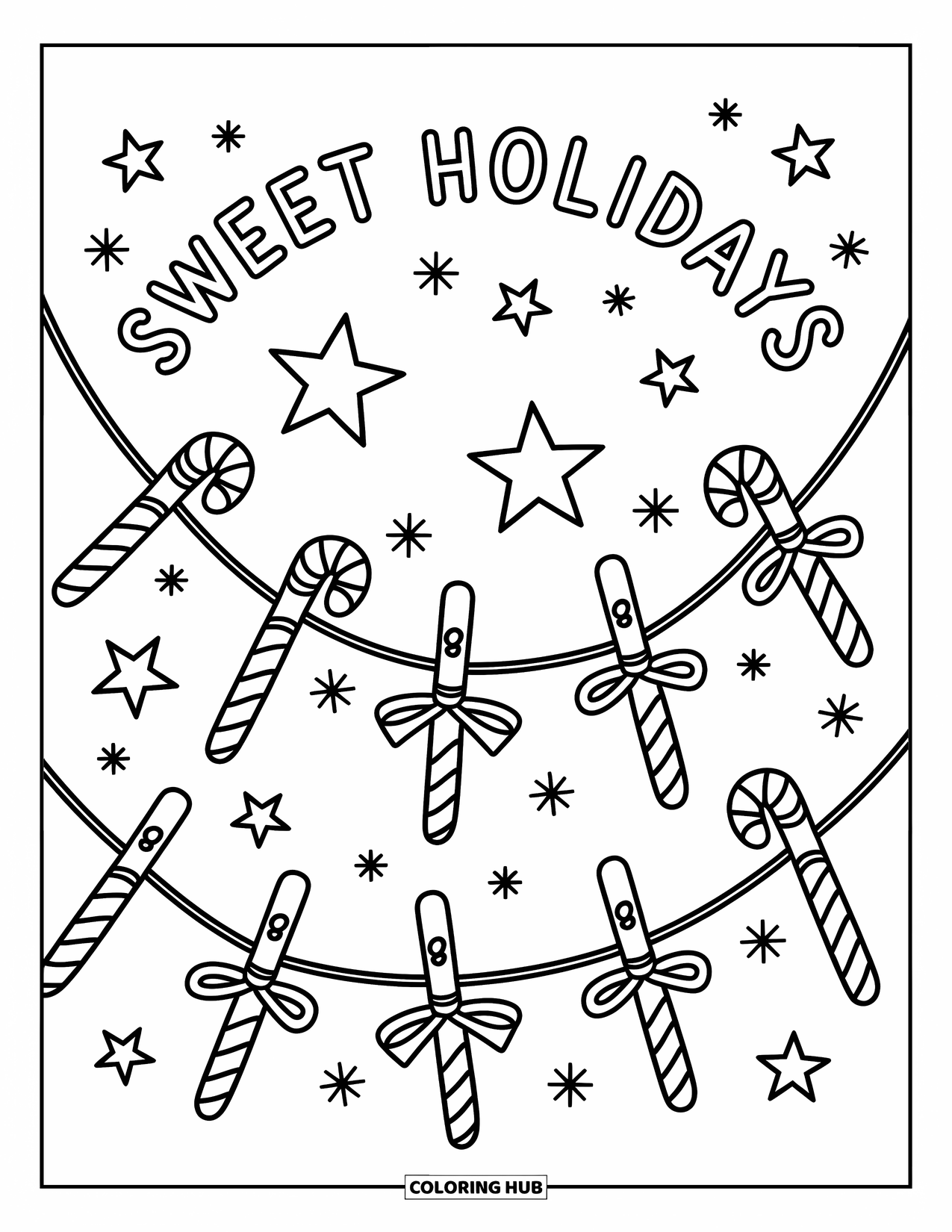 Merry Christmas Coloring Page for Adults: Candy cane garland and stars float beneath the words "Sweet Holidays"
