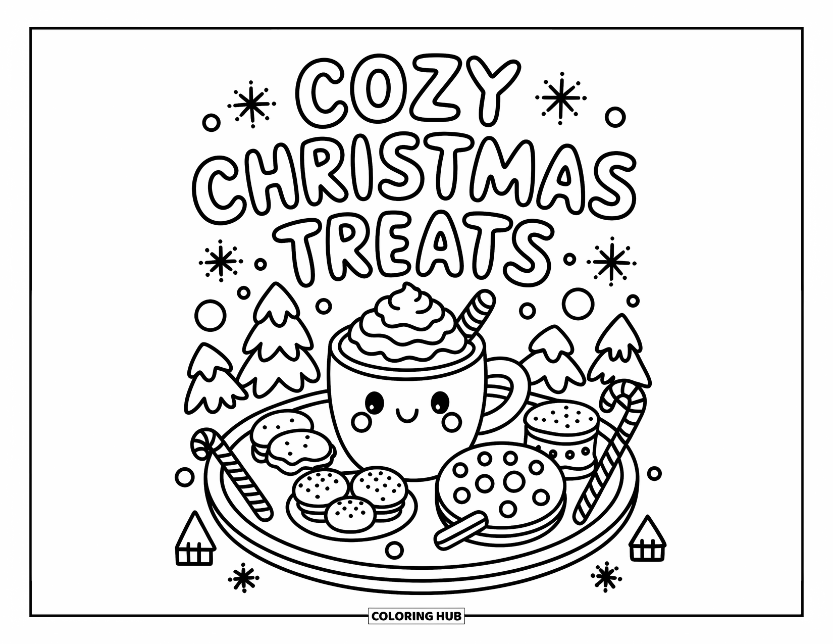 Merry Christmas Coloring Page for Adults: Cocoa and holiday snacks fill a cute tray under "Cozy Christmas Treats"