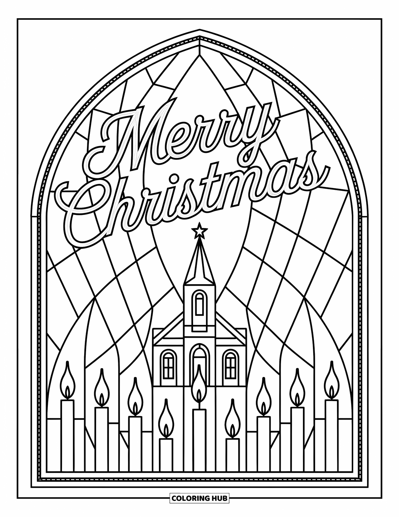 Merry Christmas Coloring Page for Adults: "Merry Christmas" arches above a detailed stained-glass church window