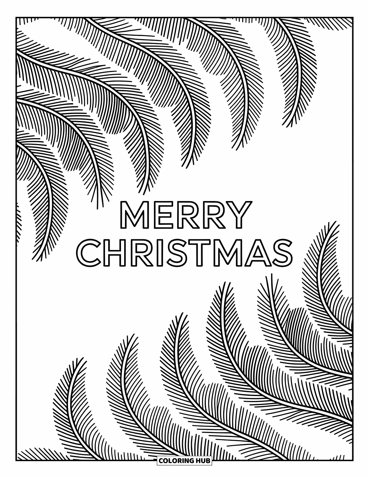 Merry Christmas Coloring Page for Adults: "Merry Christmas" centers a pine-inspired mandala in this elegant design