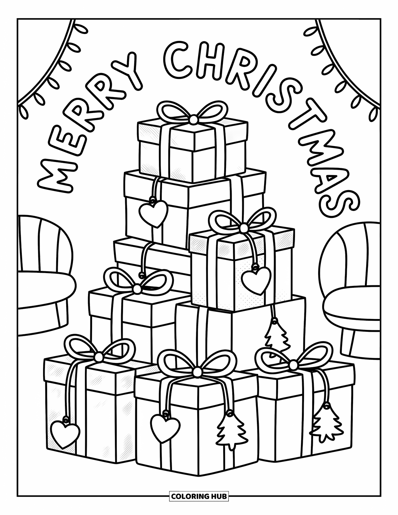 Merry Christmas Coloring Page for Adults: Patterned gift boxes pile high with "Merry Christmas" beside them