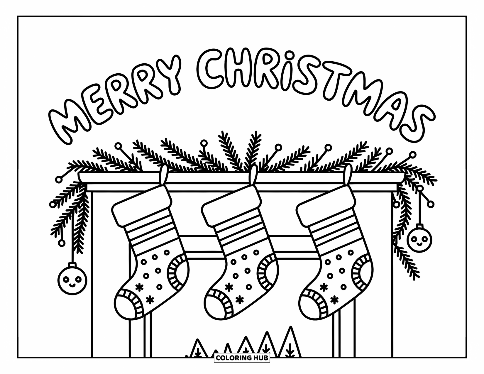 Merry Christmas Coloring Page for Adults: Patterned stockings dangle from the mantel with "Merry Christmas" above