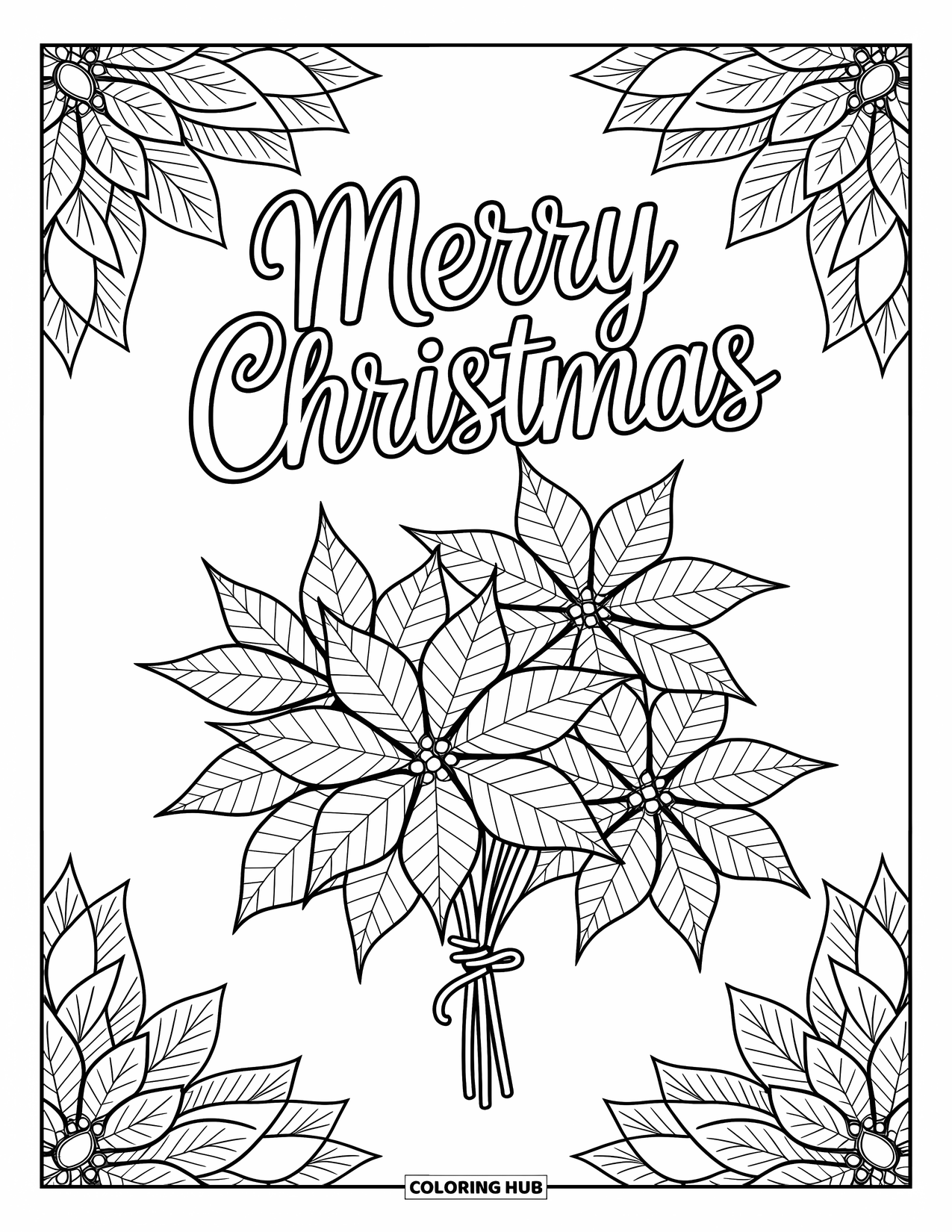 Merry Christmas Coloring Page for Adults: Petals and patterns bloom around "Merry Christmas" in a poinsettia design