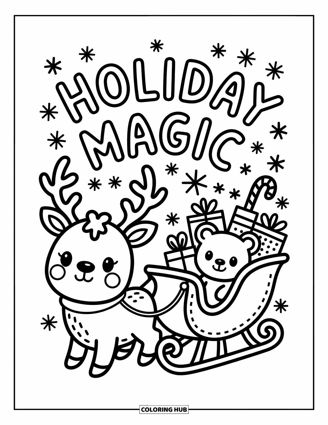 Merry Christmas Coloring Page for Adults: Reindeer and sleigh bring joy with "Holiday Magic" above