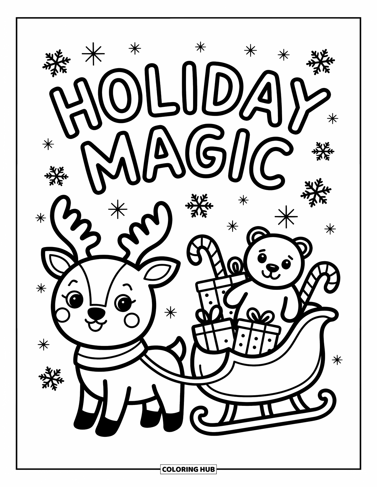 Merry Christmas Coloring Page for Adults: Reindeer and teddy-filled sleigh sparkle beneath the phrase "Holiday Magic"