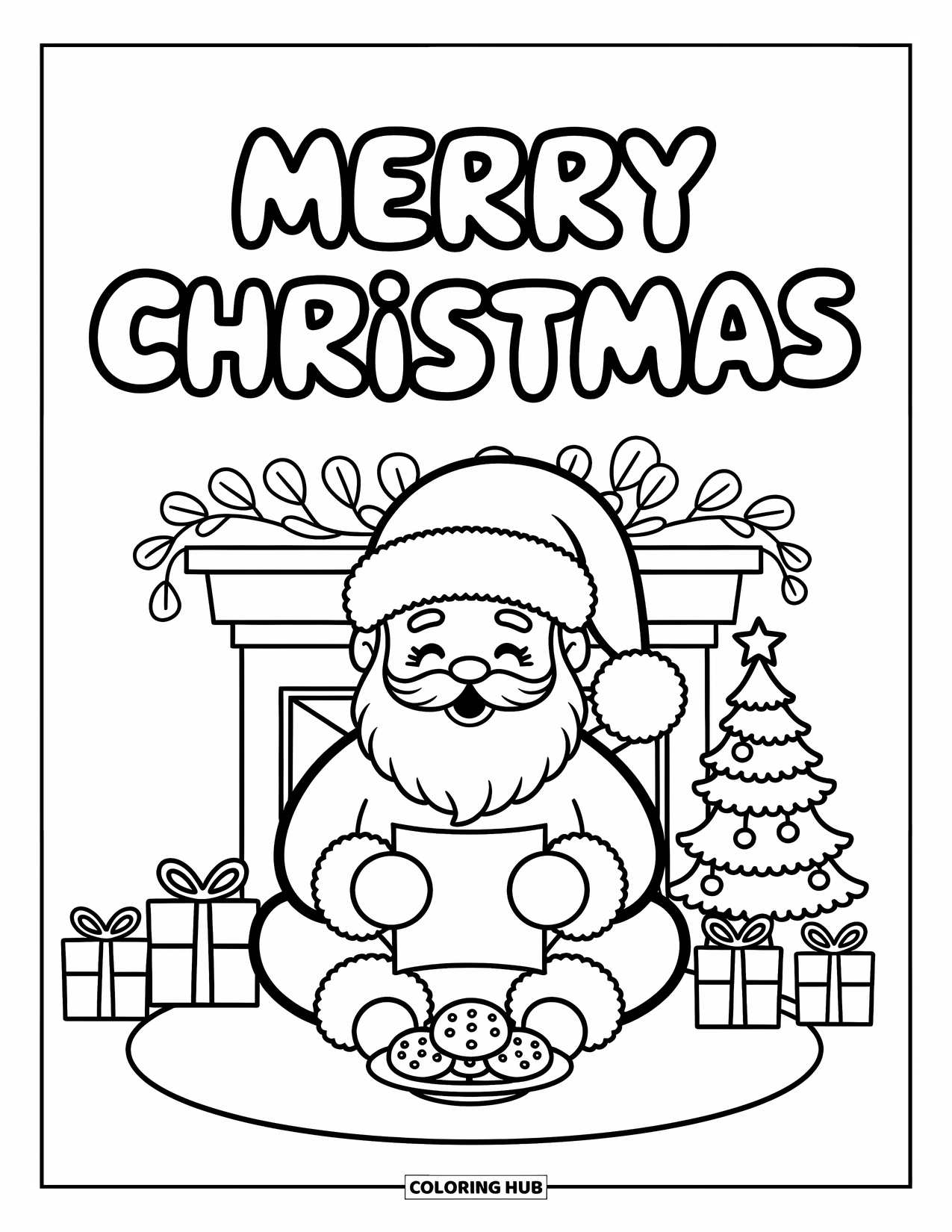 Merry Christmas Coloring Page for Adults: Santa reads a letter by the fire under a banner that says "Merry Christmas"