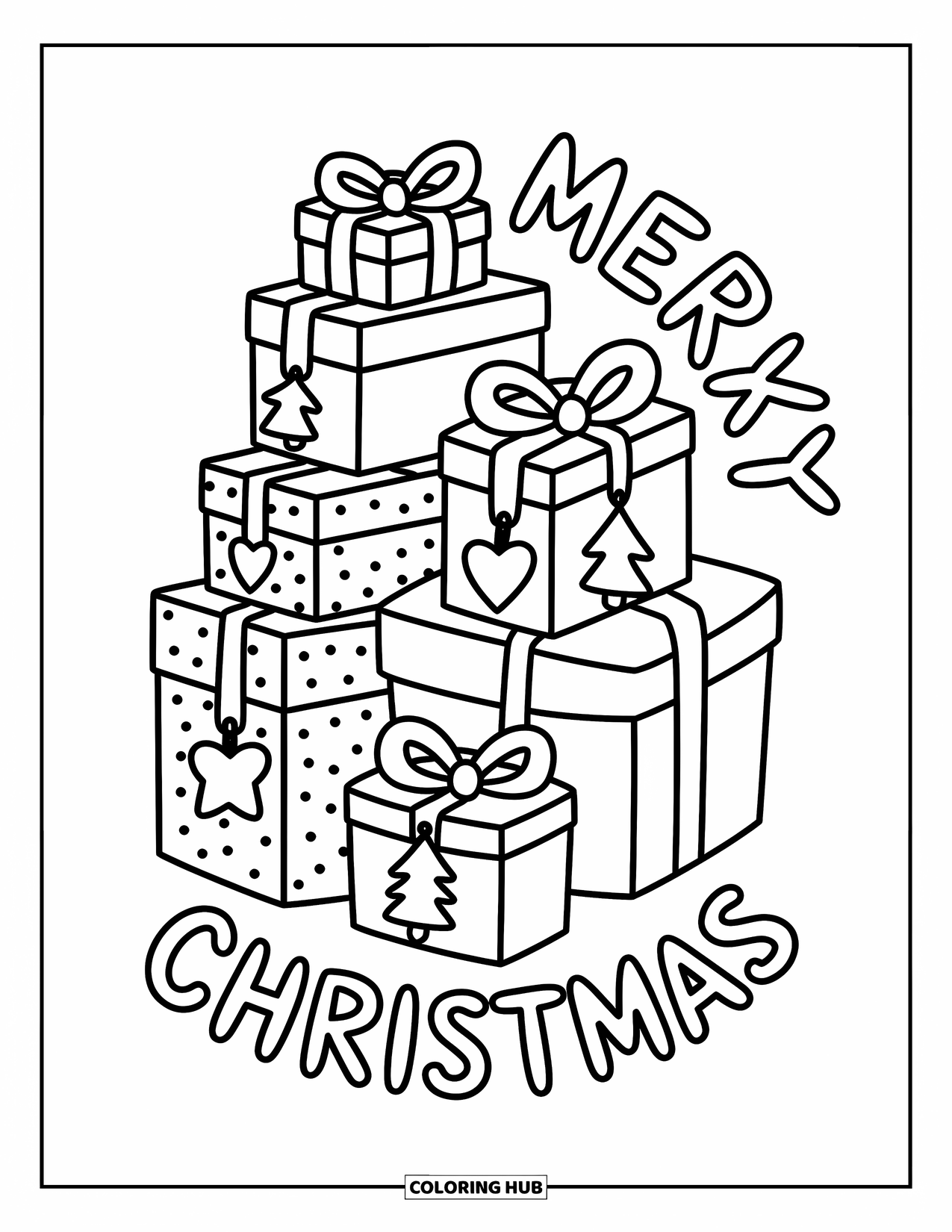 Merry Christmas Coloring Page for Adults: Stacked gift boxes with bows sit under a curving "Merry Christmas"