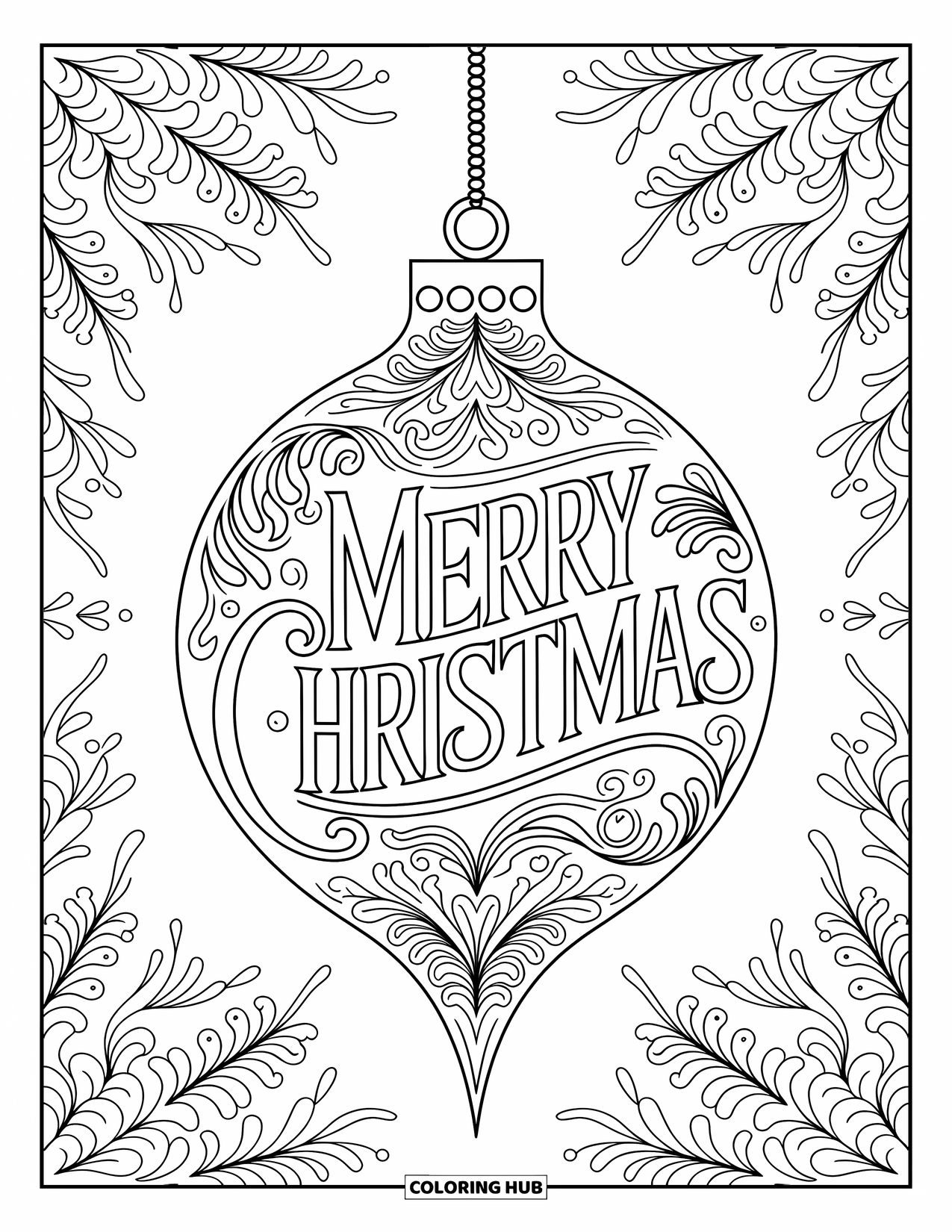 Merry Christmas Coloring Page for Adults: Swirled florals fill a hanging ornament with "Merry Christmas" surrounding it