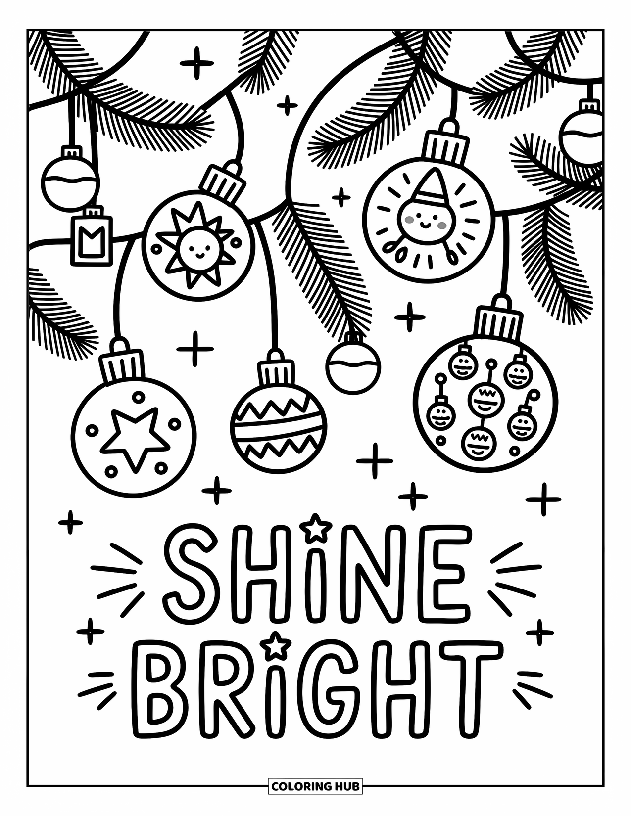 Merry Christmas Coloring Page for Adults: Twinkling bulbs and baubles line a garland with "Shine Bright" underneath