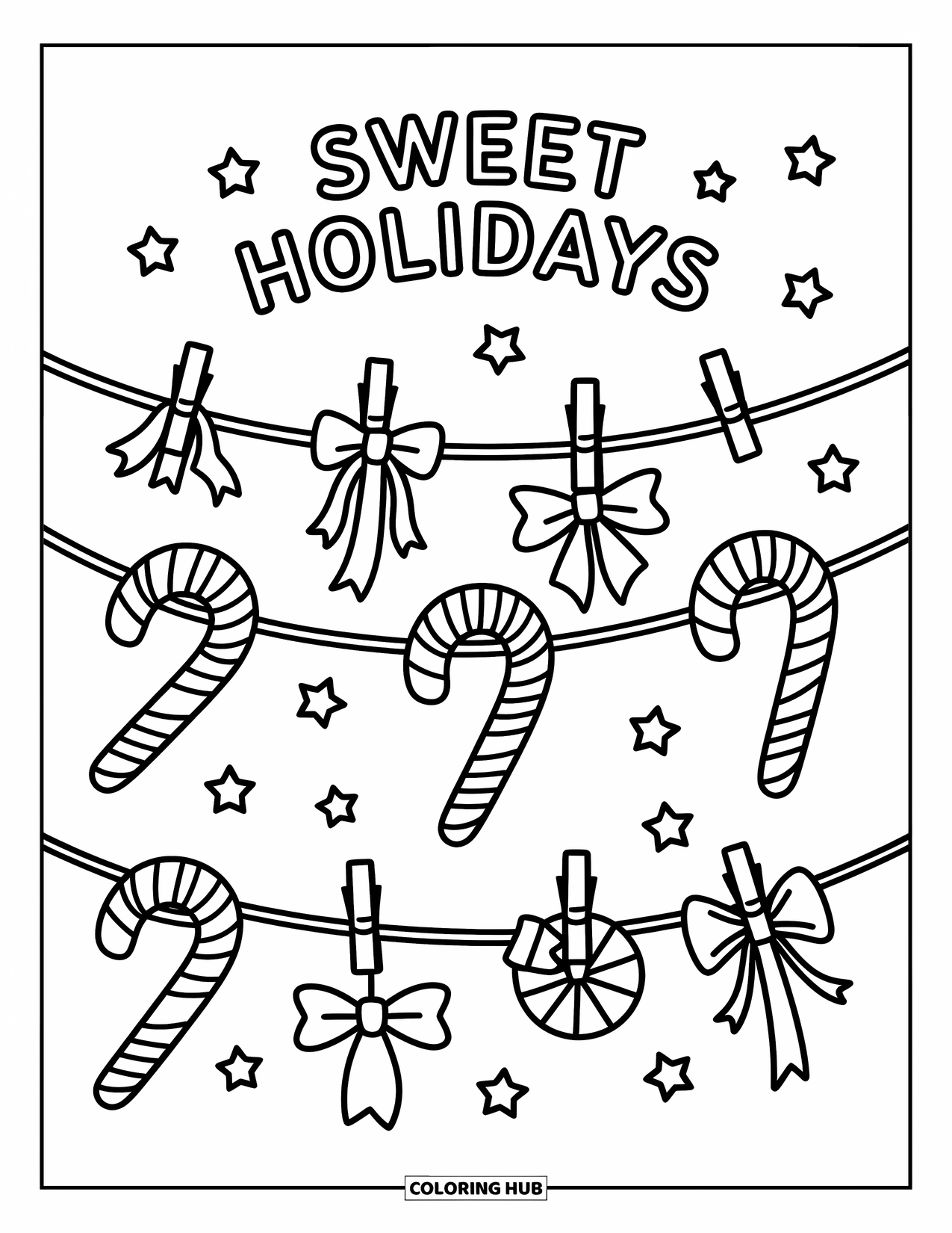 Merry Christmas Coloring Page for Adults: Twinkling candy canes string together under a playful "Sweet Holidays"