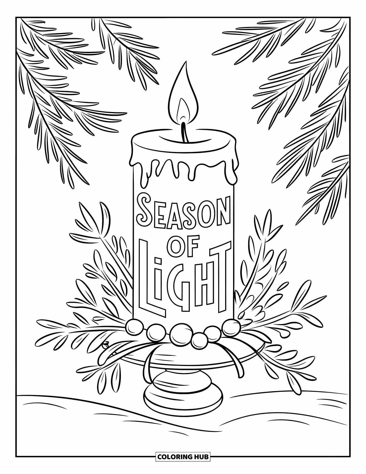 Merry Christmas Coloring Page for Kids: A candle on snowy ground shines with mistletoe and the words "Season of Light"
