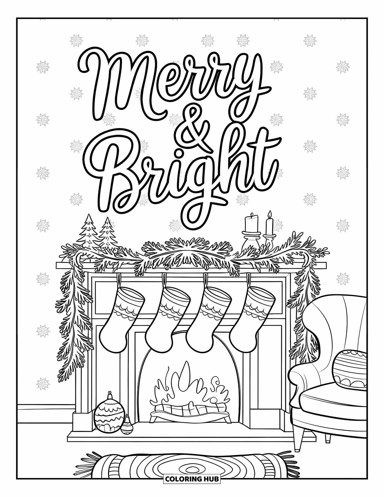 Merry Christmas Coloring Page for Kids: A cheerful fireplace with stockings and garlands shines under "Merry & Bright"