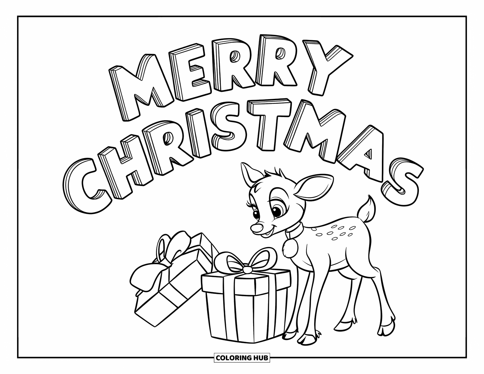 Merry Christmas Coloring Page for Kids: A cheerful reindeer with a red nose stares at a wrapped gift under festive text