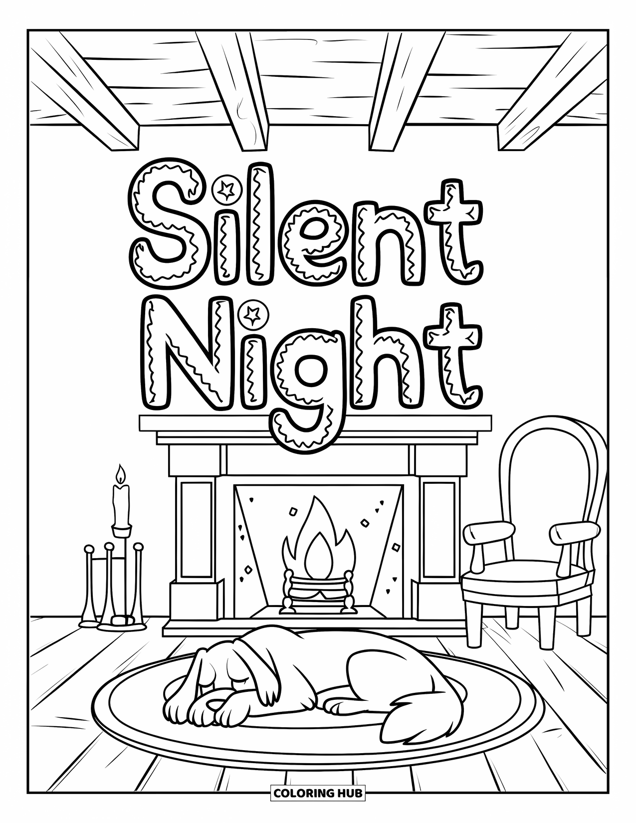 Merry Christmas Coloring Page for Kids: A cozy fireplace with a sleeping pet rests below the words "Silent Night"
