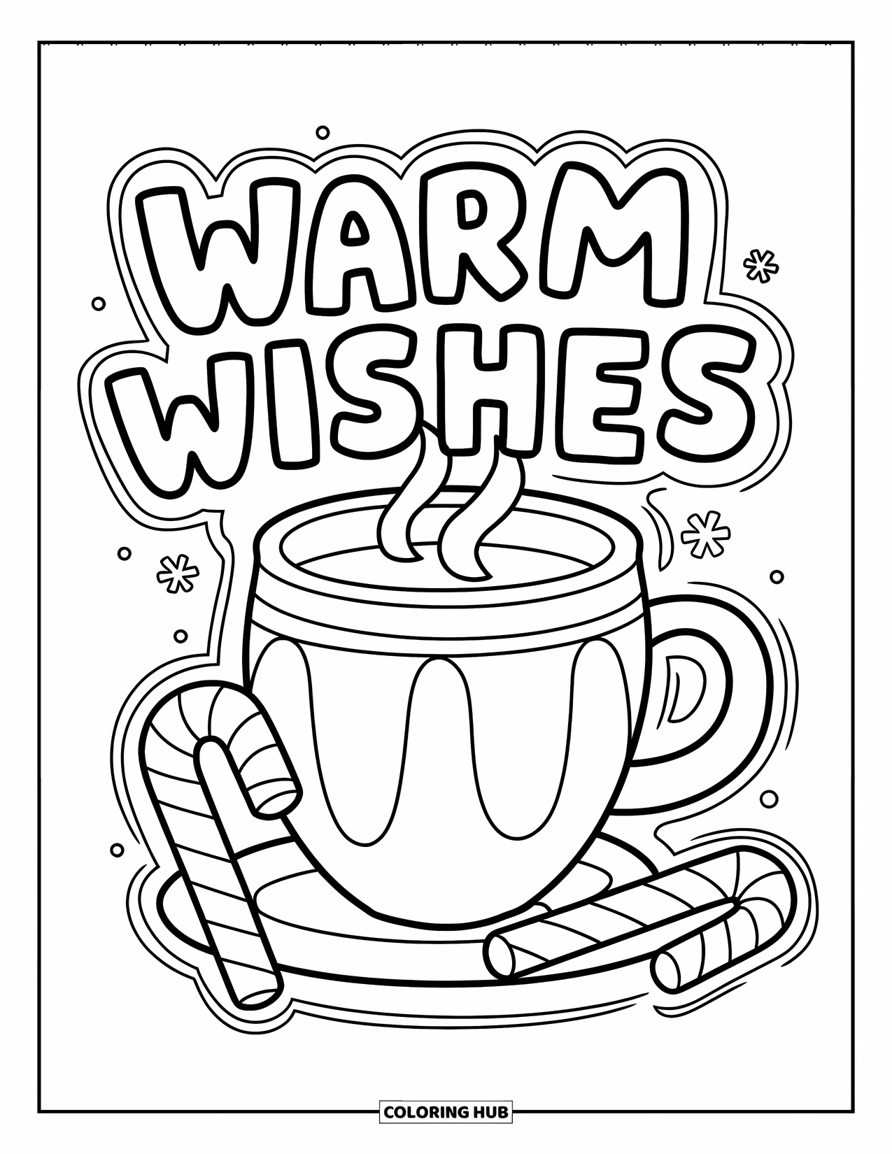 Merry Christmas Coloring Page for Kids: A cozy mug and candy canes warm the scene under "Warm Wishes"