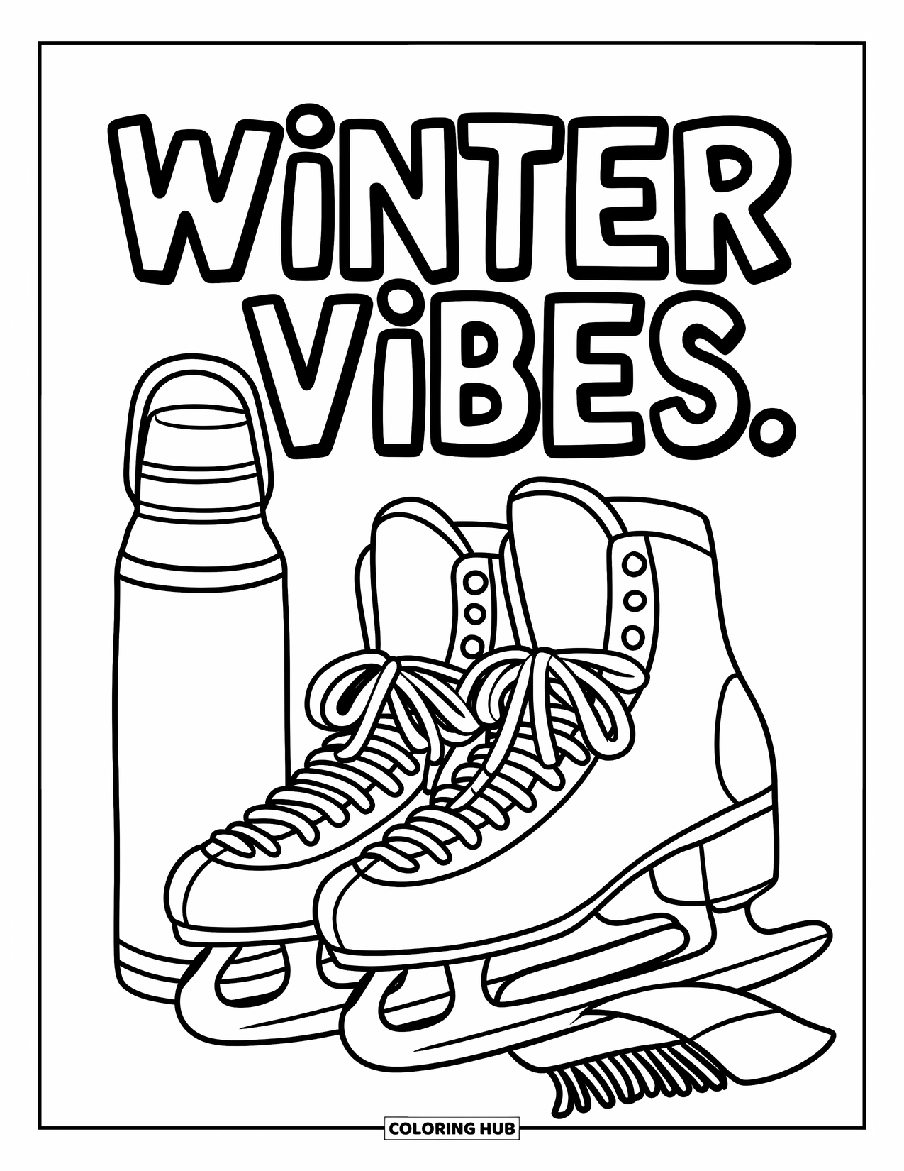 Merry Christmas Coloring Page for Kids: A cozy winter set of skates and scarf sits under the phrase "Winter Vibes"