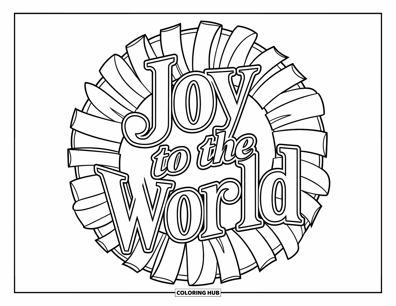 Merry Christmas Coloring Page for Kids: A festive ribbon wreath sits below "Joy to the World" in gentle lettering