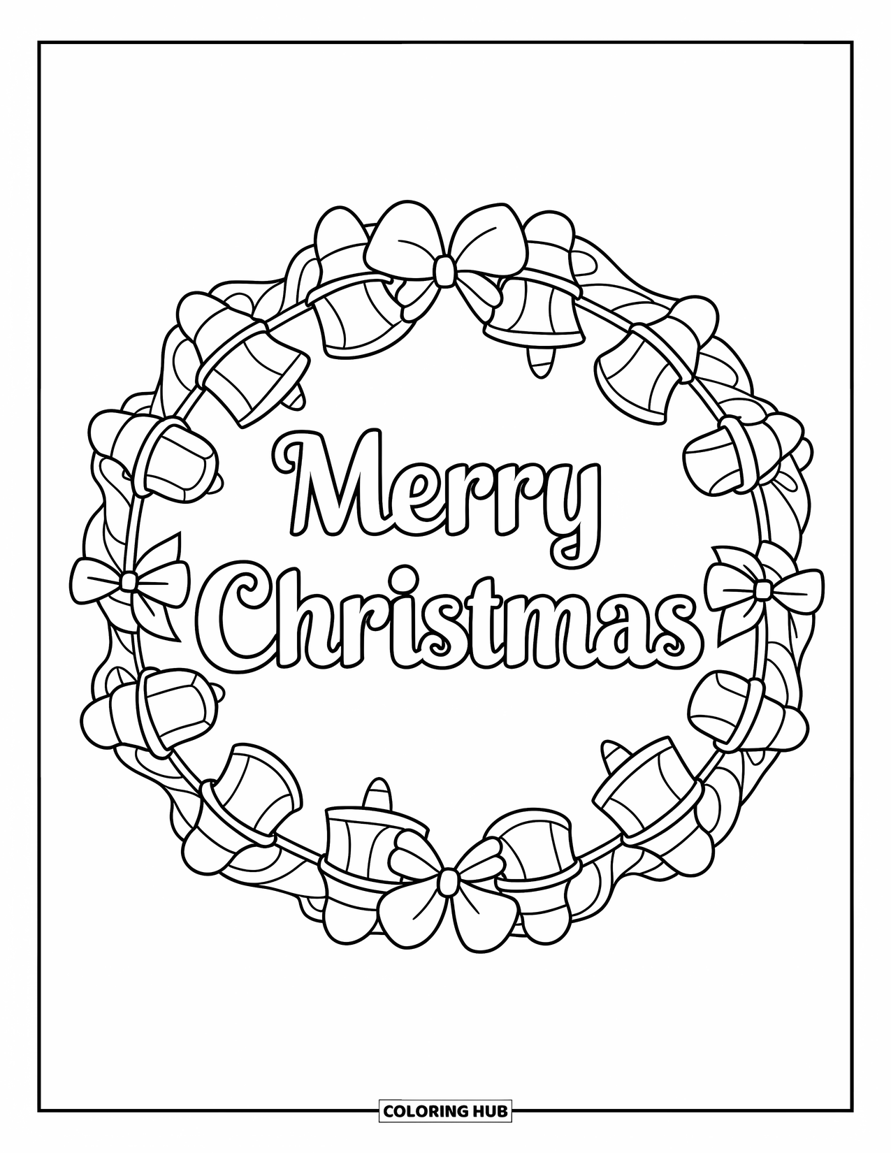 Merry Christmas Coloring Page for Kids: A festive wreath of bells and bows surrounds the words "Merry Christmas"