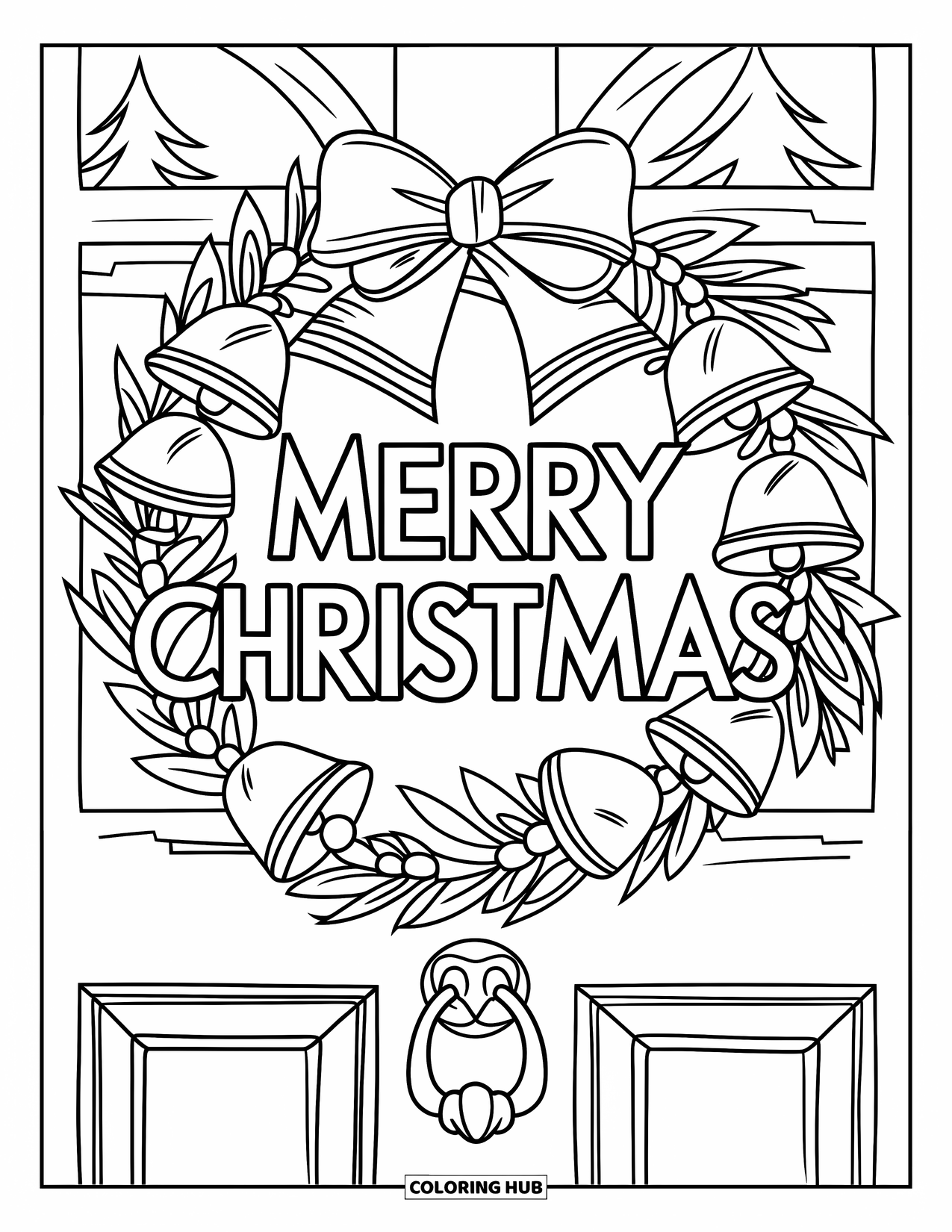 Merry Christmas Coloring Page for Kids: A festive wreath on a snowy door frames "Merry Christmas" with cozy charm