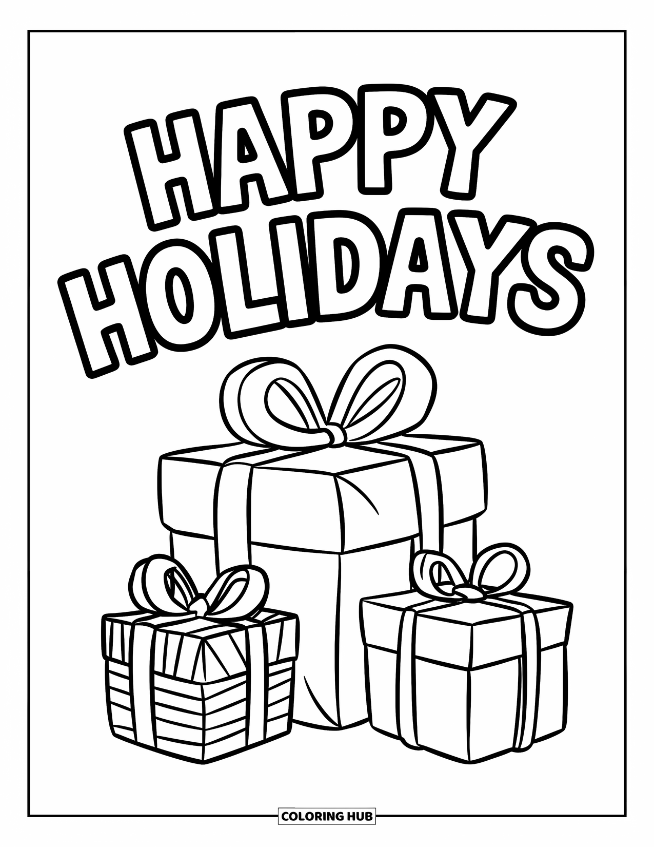 Merry Christmas Coloring Page for Kids: A group of gifts with patterned paper rests under "Happy Holidays"