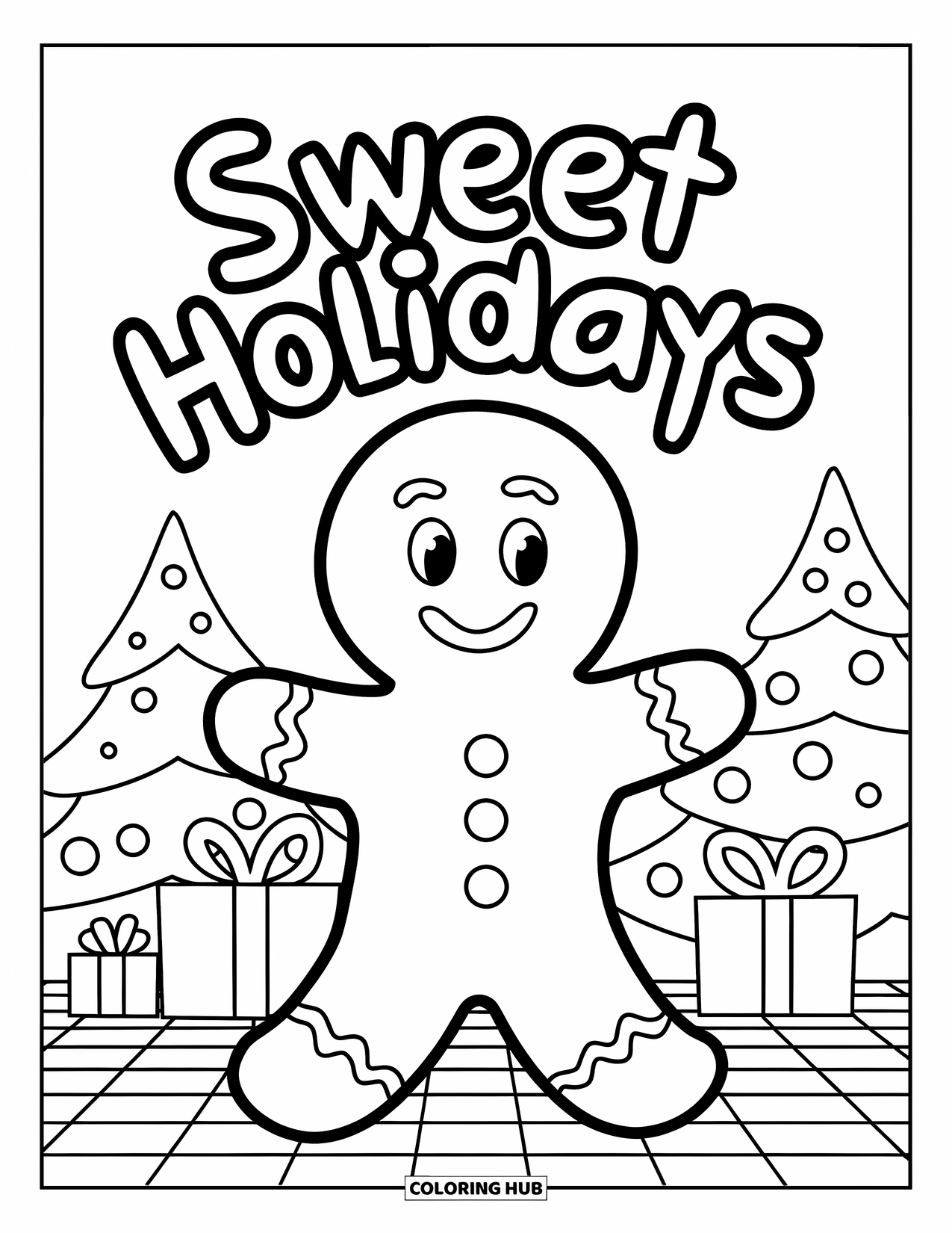 Merry Christmas Coloring Page for Kids: A happy gingerbread man beams beneath "Sweet Holidays" and festive decorations