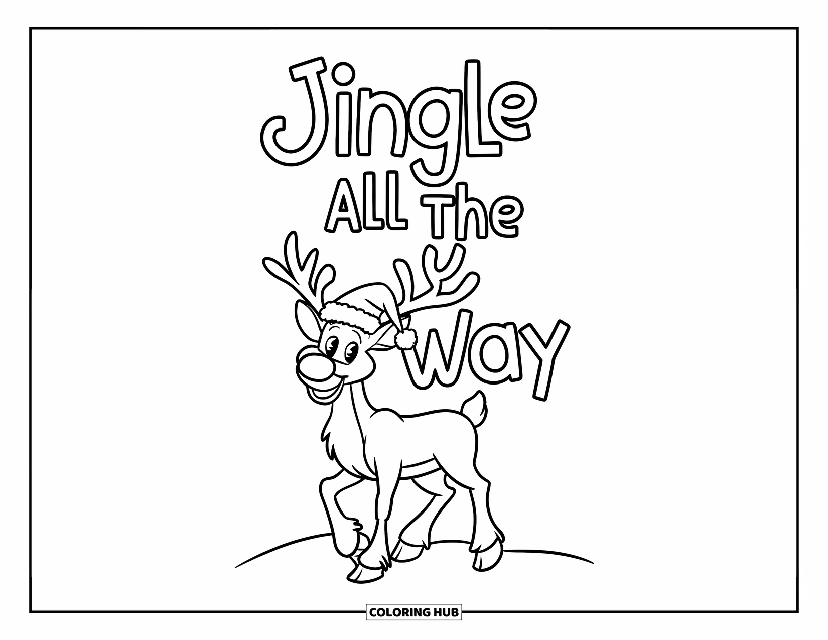 Merry Christmas Coloring Page for Kids: A happy reindeer in a Santa hat stands below "Jingle All the Way"