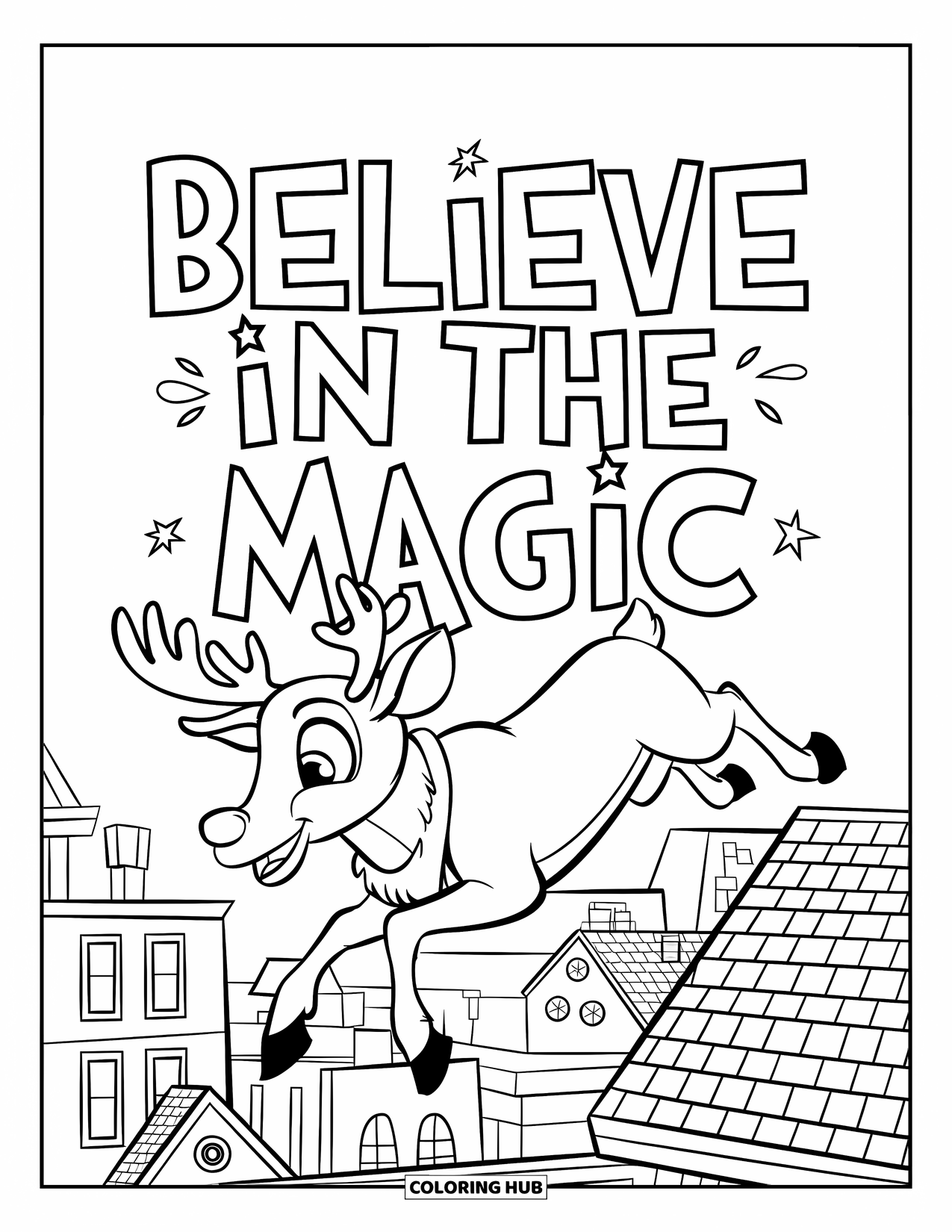 Merry Christmas Coloring Page for Kids: A joyful reindeer jumps above snowy buildings with "Believe in the Magic" overhead