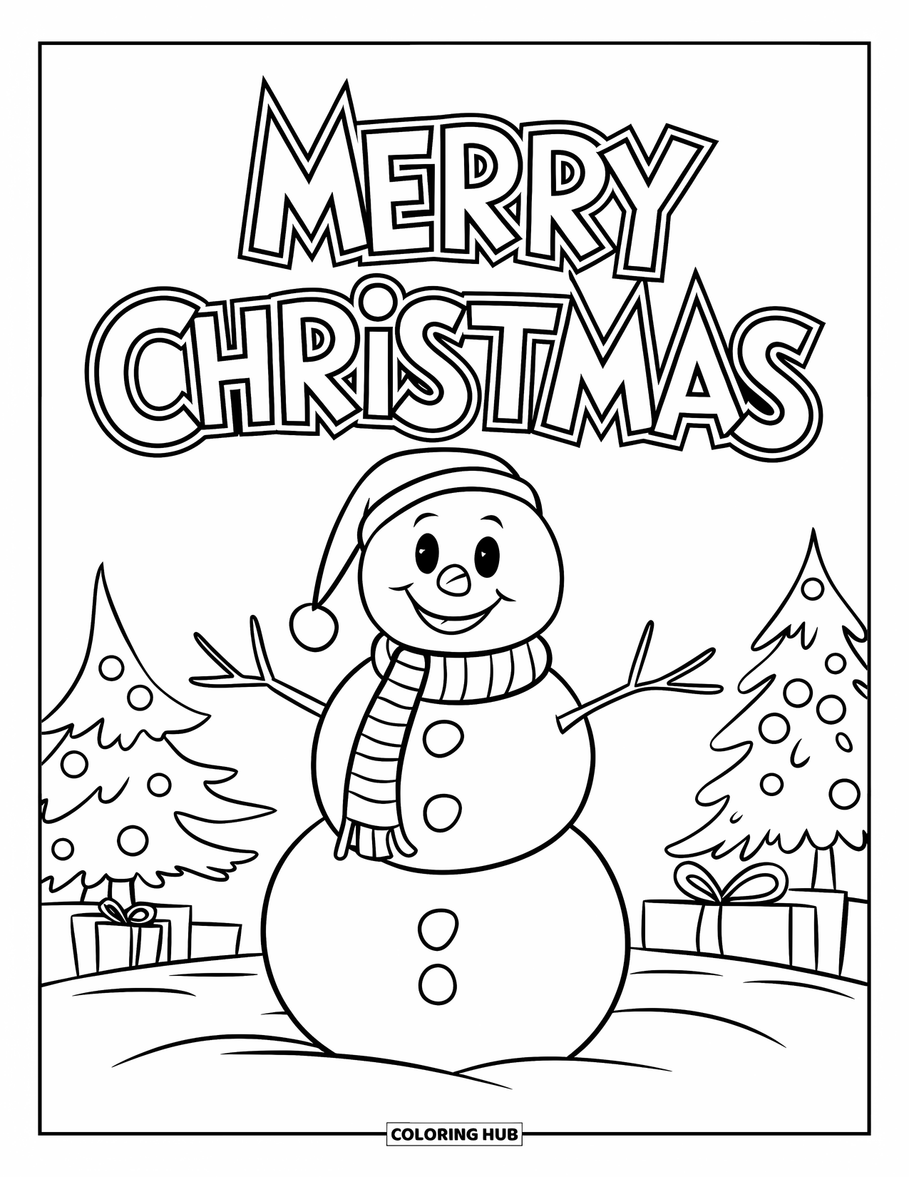 Merry Christmas Coloring Page for Kids: A joyful snowman stands under "Merry Christmas" with trees and gifts nearby