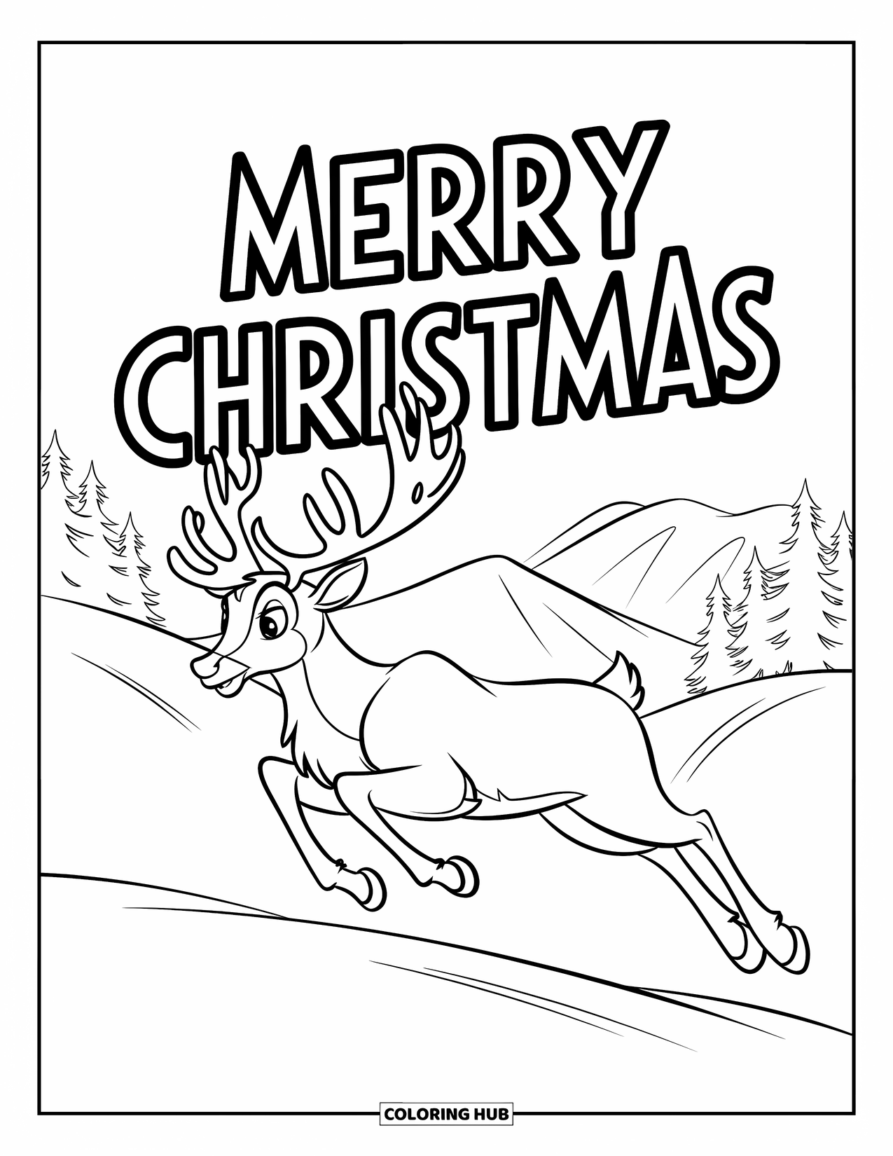 Merry Christmas Coloring Page for Kids: A leaping reindeer flies over snowy hills under tall "Merry Christmas" letters