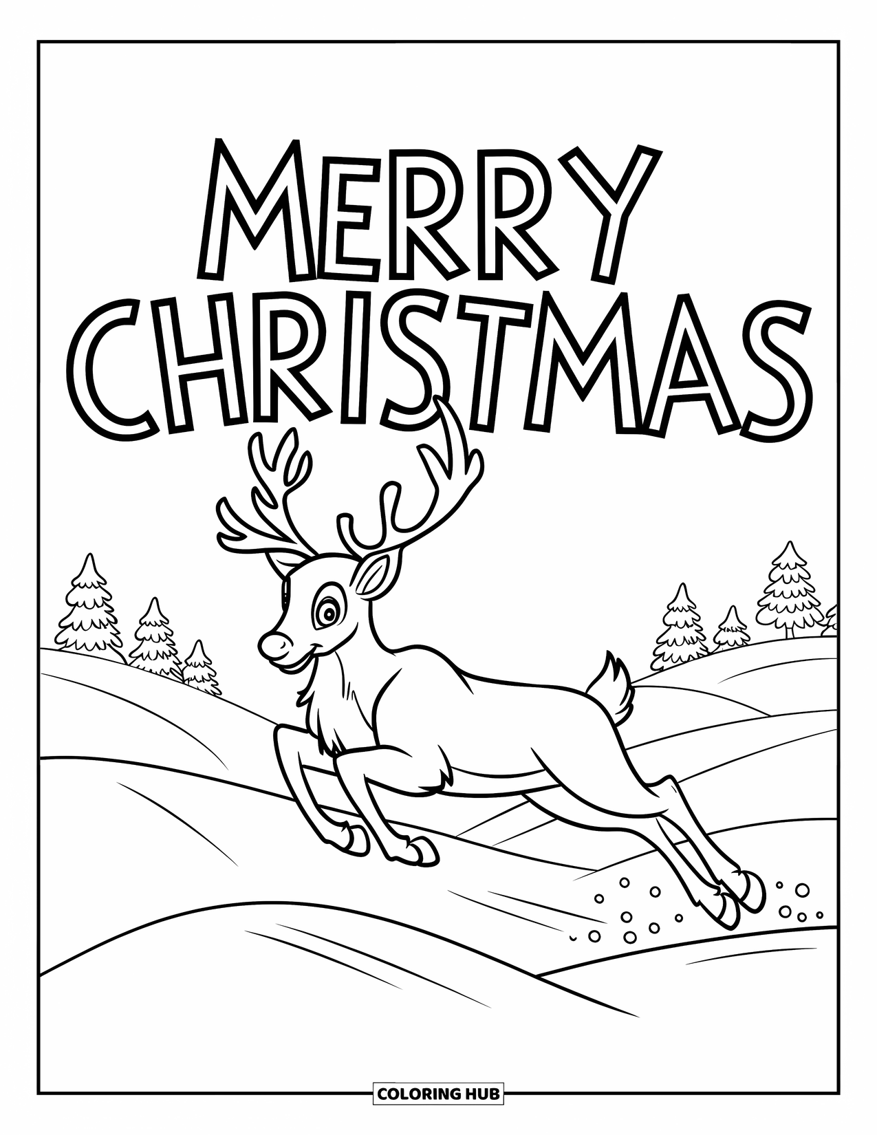 Merry Christmas Coloring Page for Kids: A reindeer leaps through snowy hills with "Merry Christmas" floating above