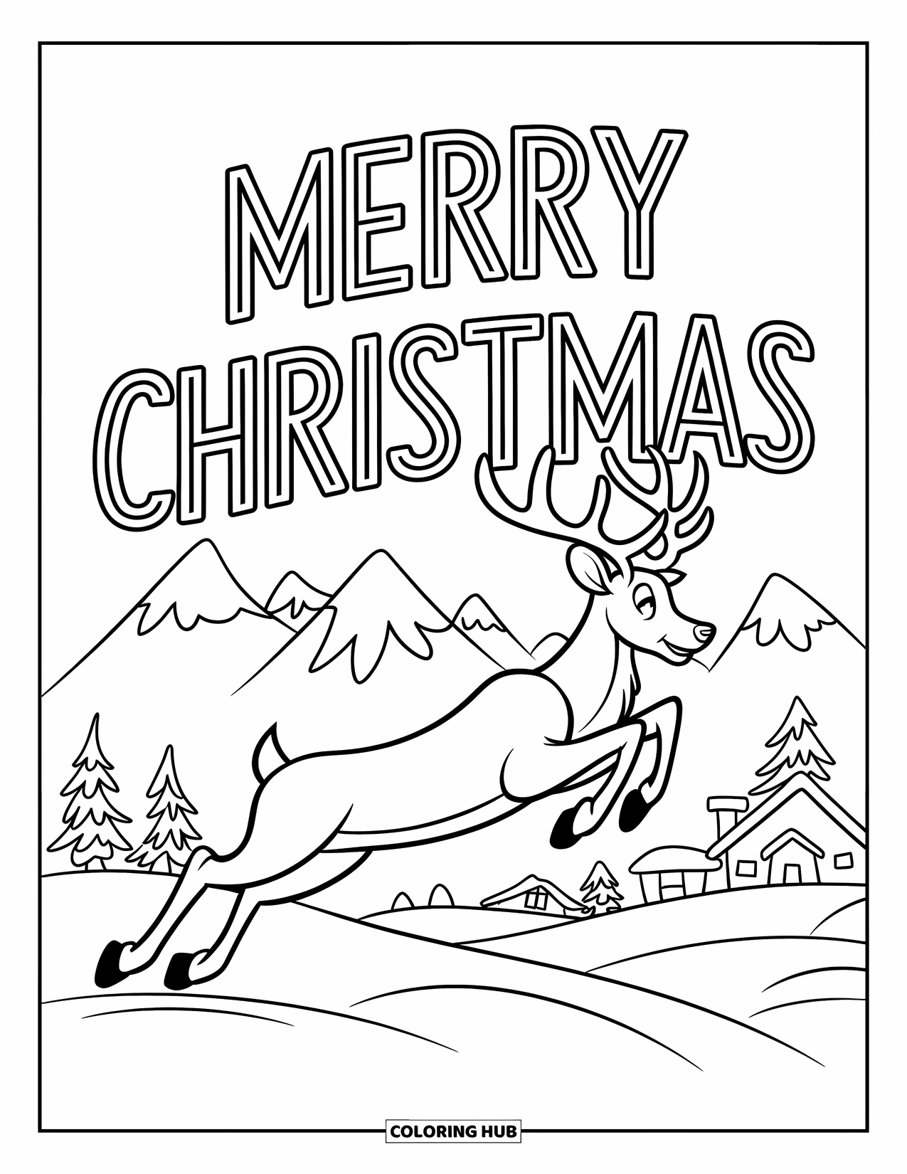 Merry Christmas Coloring Page for Kids: A reindeer soars over a winter scene with "Merry Christmas" lighting up the sky