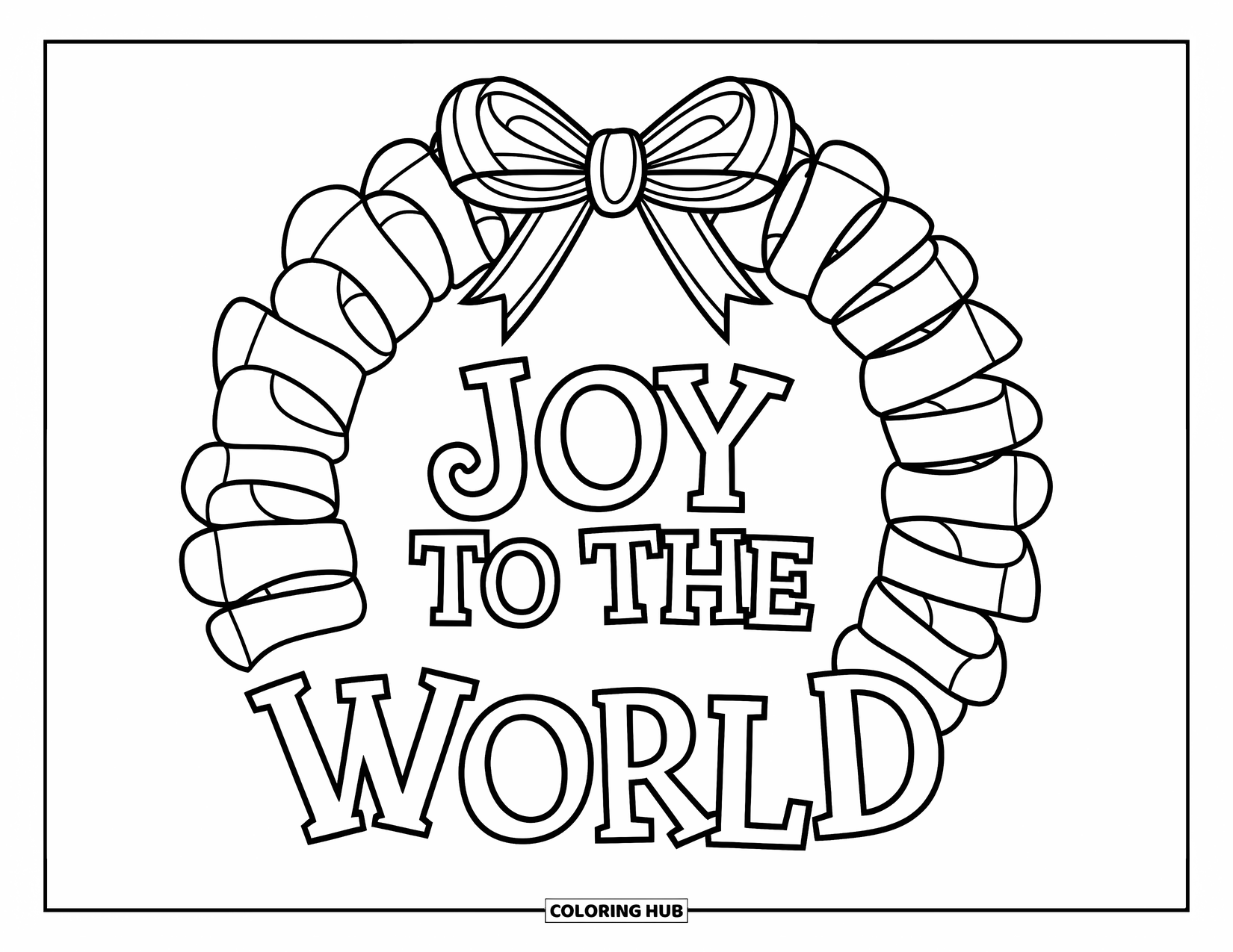 Merry Christmas Coloring Page for Kids: A ribbon-tied wreath hangs beneath the words "Joy to the World"