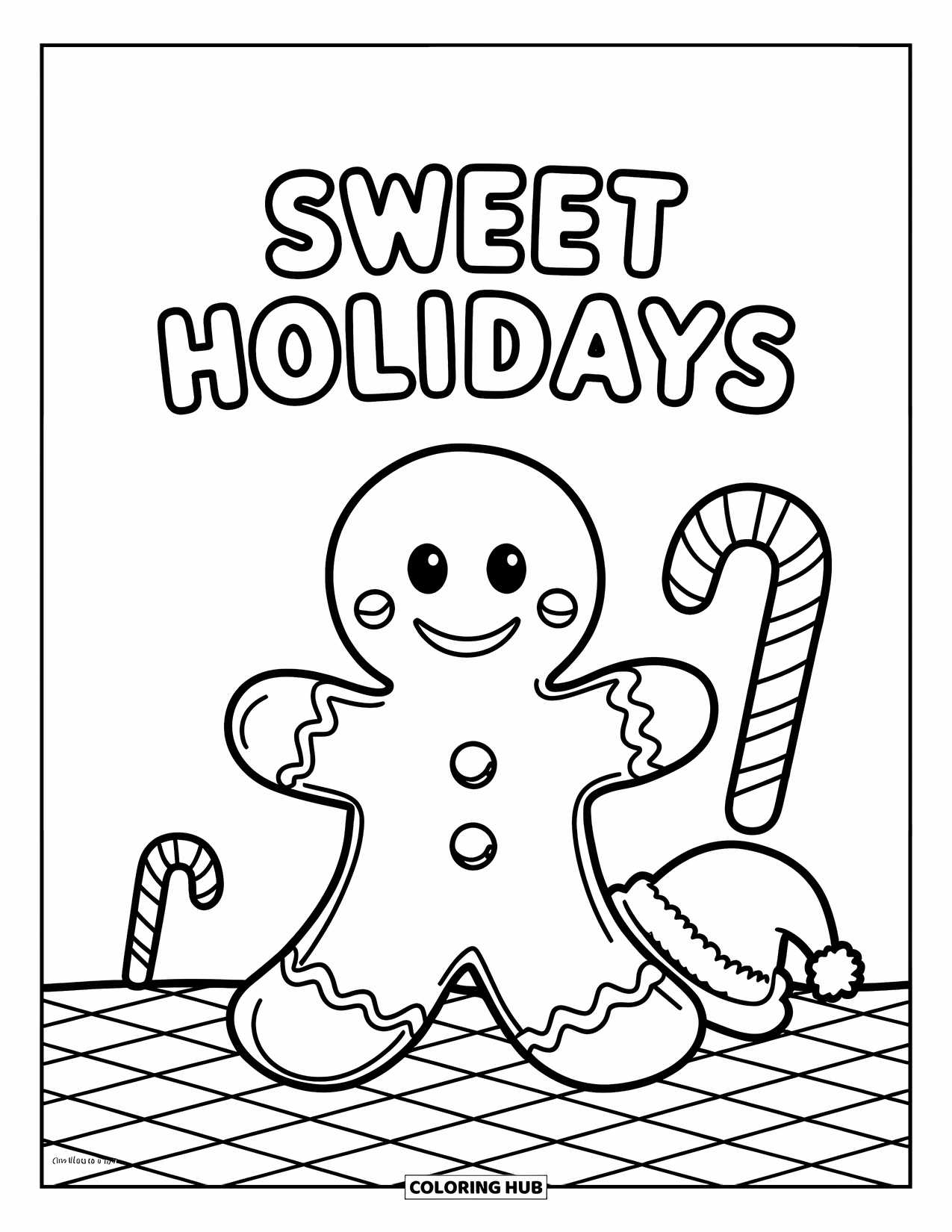 Merry Christmas Coloring Page for Kids: A smiling gingerbread man stands proudly under the words "Sweet Holidays"