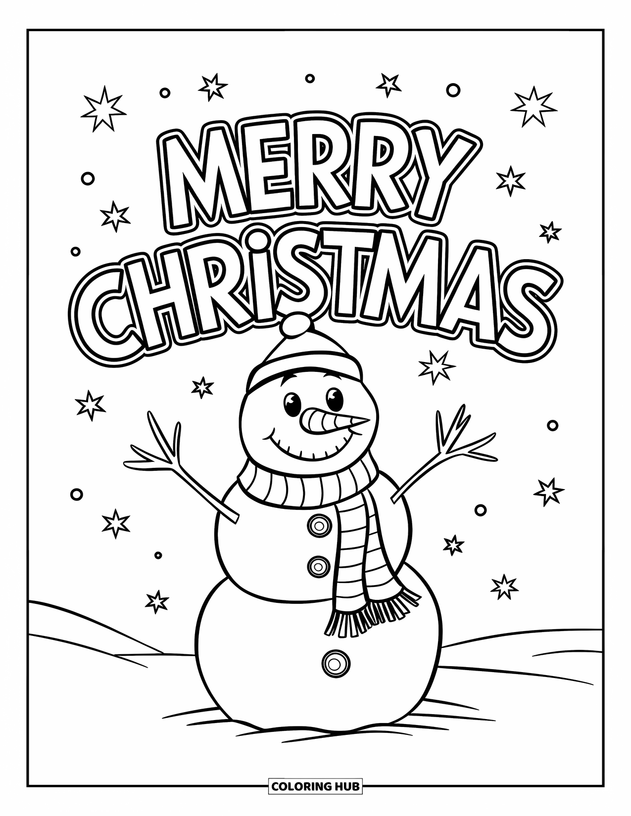 Merry Christmas Coloring Page for Kids: A smiling snowman with stick arms stands below "Merry Christmas"